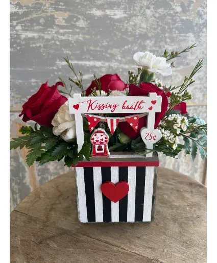 Kissing Booth - Red Valentines Arrangement - Red roses and white carnations arranged in a sweet "kissing both" attached to a clear glass cube vase