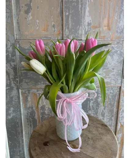 Pretty In Pink Tulips Custom Design Arrangement - Pretty pink and white tulips in a white glass hobnail vase and finished with delicate pink ribbon.