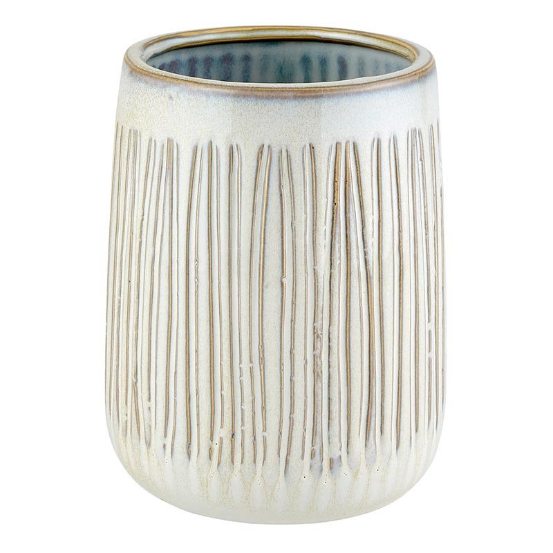 Textured ceramic vase with vertical ridges and a metallic rim