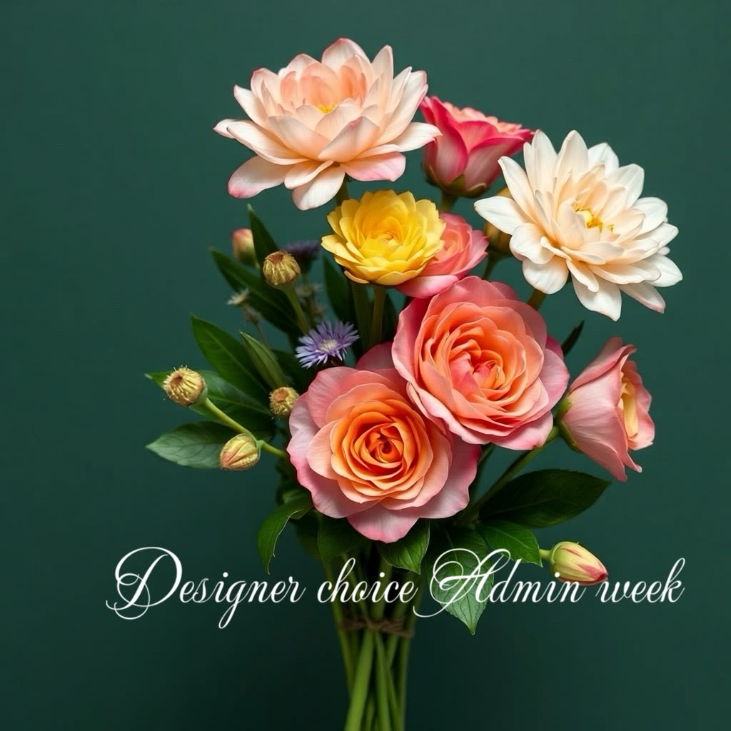 Say Thank you Admin - Layered peach and pink roses mingle with large white daisy-like blooms and a bright yellow focal flower to create a soft, cheerful thank-you arrangement perfect for Administrative Professionals' Week, birthdays, or everyday appreciation. This flower arrangement is designed to make the person you're thanking feel noticed and celebrated-polished enough for the office, warm enough for a personal note.  Hand-tied stems include a few unopened buds and dark foliage that add contrast and texture, giving the bouquet a fresh, professional look. The palette of pink, peach, white, and yellow reads friendly and uplifting; sizes and vase options available at checkout let you choose what best suits the recipient's desk or home. Simple care-fresh water and a cool spot away from direct sun-keeps these blooms bright for days, making this an effortless way to say thanks.