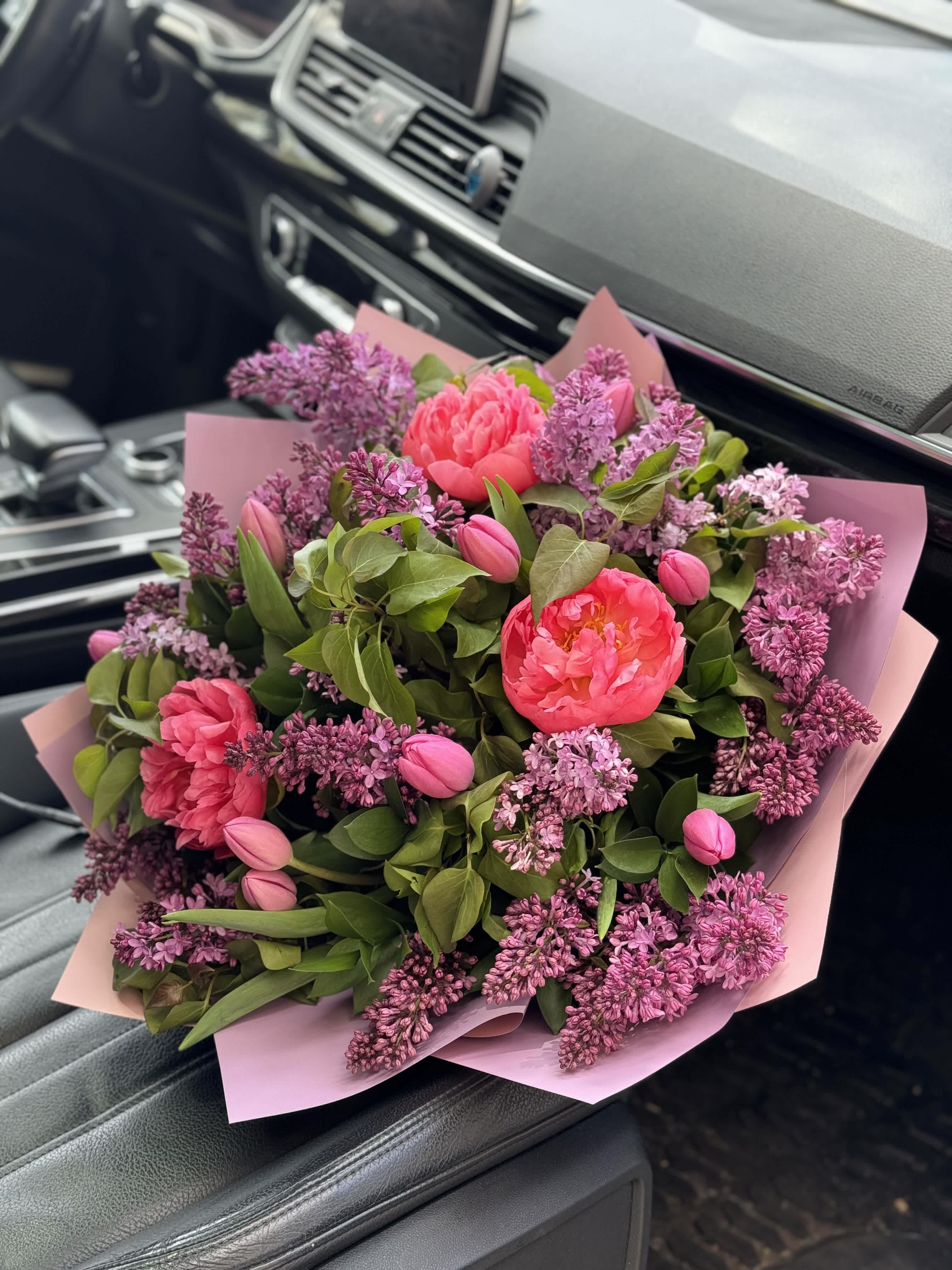 Lilac , Peonies and Tulips Bouquet.   The photo shows a standard size. - The photo shows a standard size.