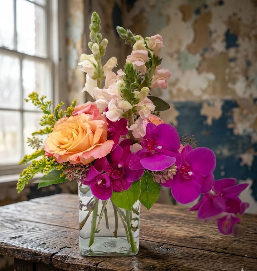 Artisan Mom - Artisan Mom – Modern Floral Design | Mother’s Day &amp; Birthday Flower Delivery in Lacey, WA  Celebrate her with something truly special. Our Artisan Mom – Modern Floral Design is a thoughtfully curated arrangement featuring elegant snapdragons, soft peach roses, and premium orchids, designed in a clean, modern style that feels both artistic and refined.  This arrangement blends soft textures with natural movement, creating a fresh, garden-inspired look with a contemporary edge. The warm peach tones paired with delicate orchid blooms make it a beautiful and meaningful choice for Mother’s Day flower delivery in Lacey, while its modern design also makes it perfect for birthdays and other special occasions.  Each piece is handcrafted with attention to detail, giving it that one-of-a-kind, artisan feel your recipient will notice the moment it arrives.  Perfect for:  Mother’s Day flowers in Lacey, WA Birthday flower delivery in Lacey, WA A modern, elevated gift for mom  Send a design that feels personal, stylish, and unforgettable—because she deserves more than ordinary flowers.