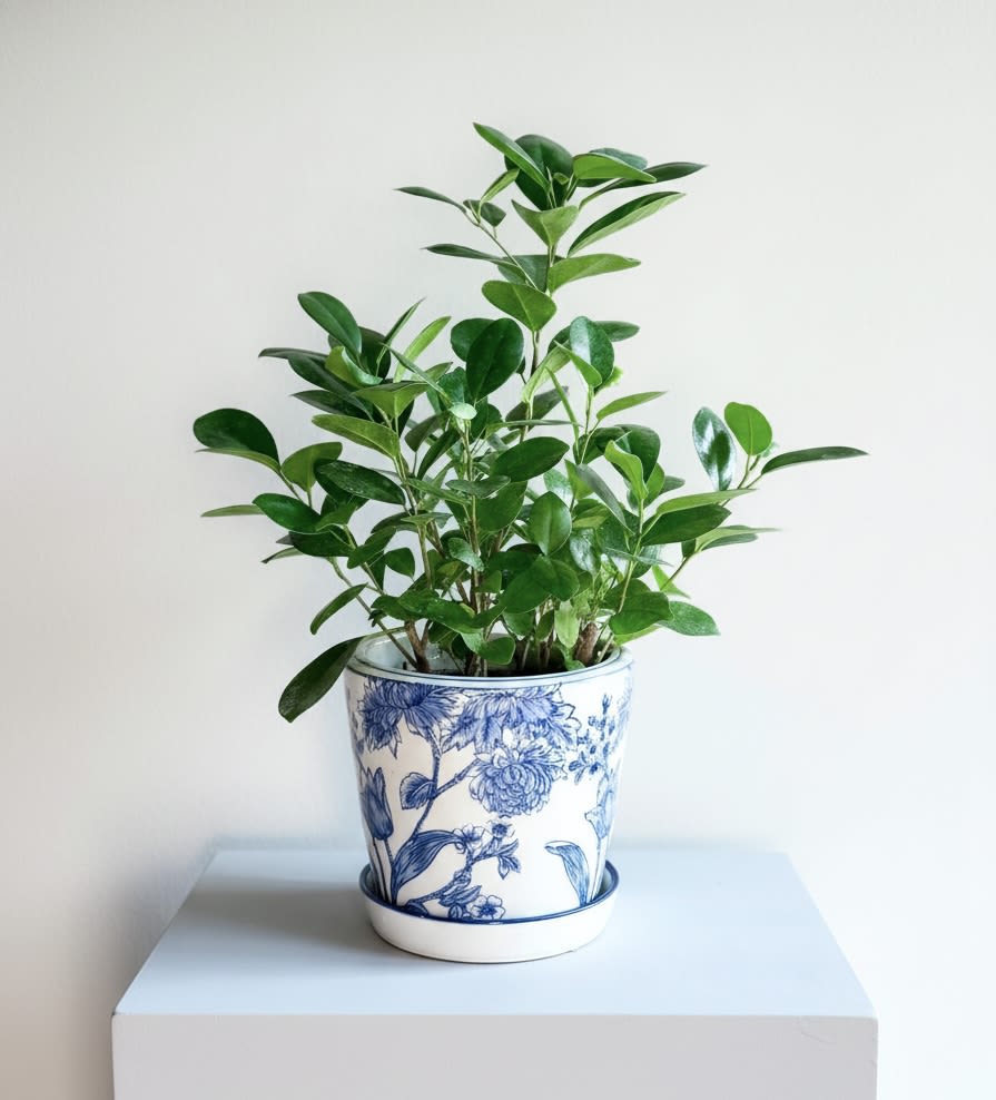 Moclame Ficus Bush  - A 6” potted Moclame Ficus Bush set in a pretty blue and white decorative ceramic planter. An easy care green plant! 