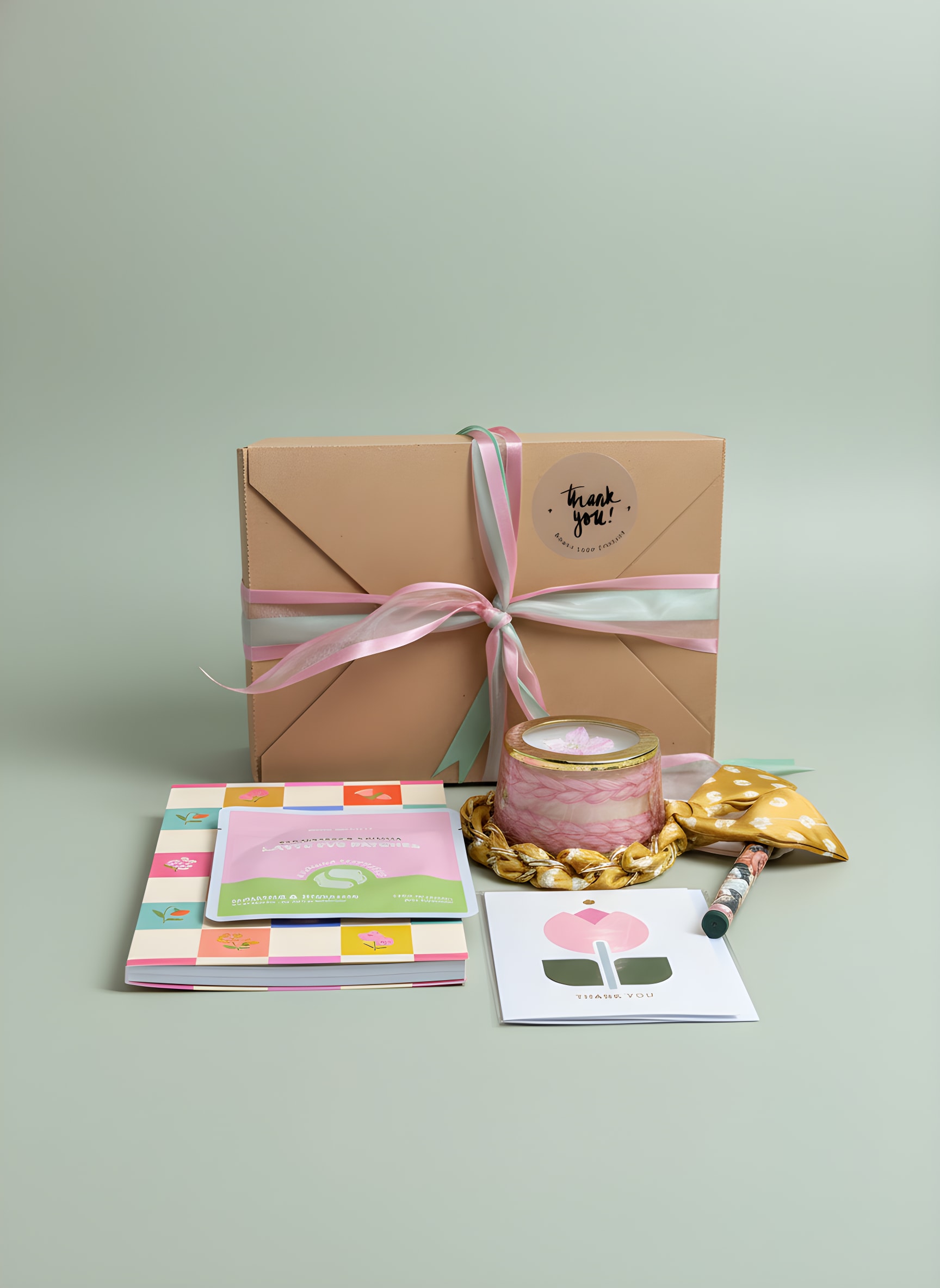 Grateful Moments Gift Bundle - Created to celebrate the everyday heroes, this bundle is equal parts gratitude and indulgence. Featuring a plush eye mask, a sleek journal and pen for quiet reflection, a soft phone scarf for a subtle accessory moment, and a dried floral candle that brings gentle beauty to any room. Completed with a thank you card, it’s a gift that feels personal, elevated, and sincerely appreciative.  All items are subject to change due to availability. All items are hand selected by our sales associates and therefore, will have different scents, flavors, colors, etc. 