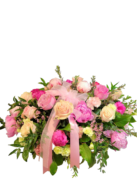 Madonna Basket - Peonies or Ranunculus Carnations with greenery &amp; Ribbon Flowers that are high quality, fresh, and beautiful. While we may seasonally need to substitute for flower variety also we may sometimes need to use a different vase or different greens for sub material.