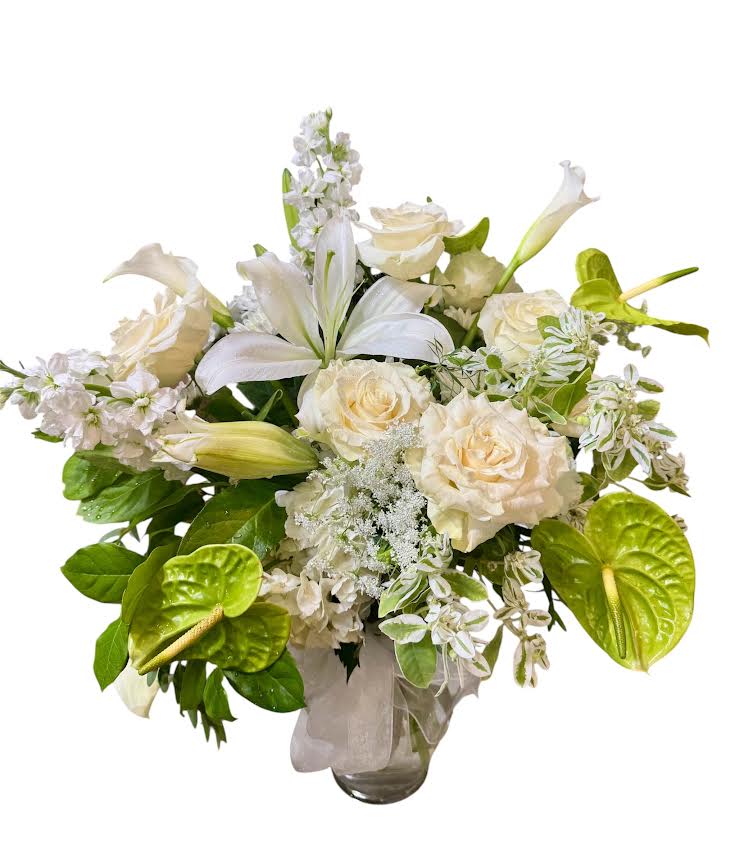 Peaceful time Bouquet - Anthurium, Lily, Roses, Cara Lilies with greenery in a vase