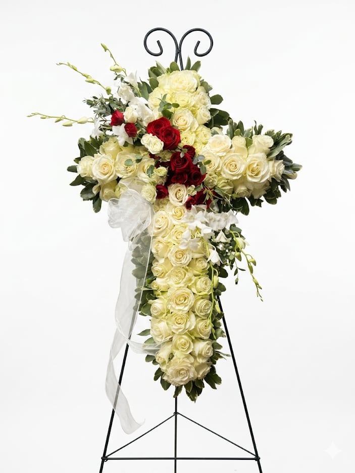 Rose Cross spray - Featuring a variety of white flowers: White Roses, White lilies, Red roses, Orchids with greenery base Also we create Custom Banners with your desired message.