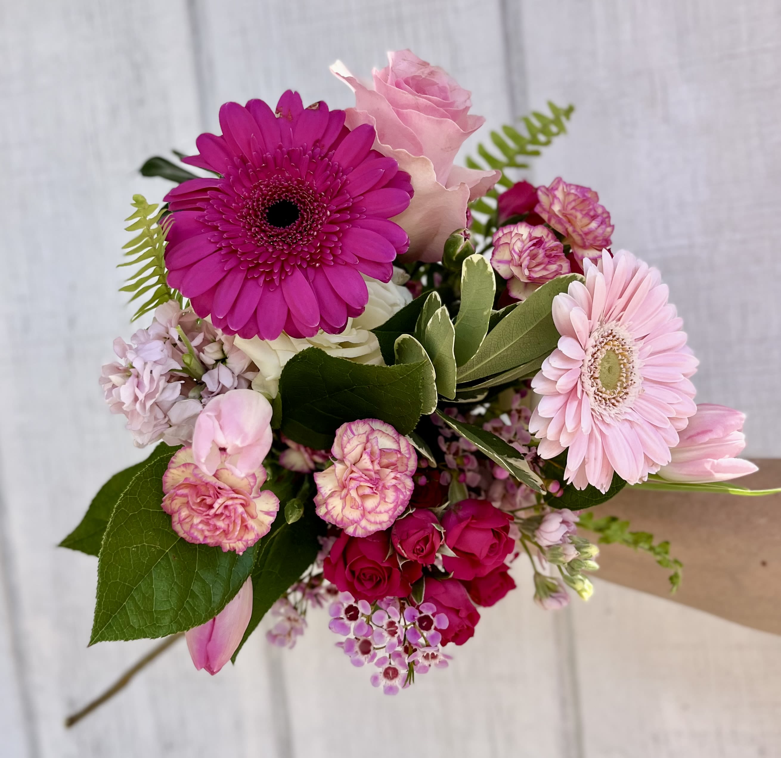Pink and magenta mixed bouquet with gerbera daisies and roses