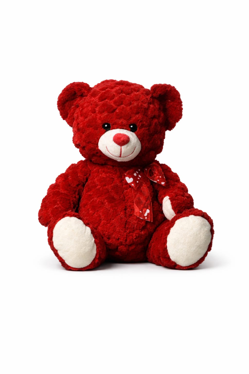 Plush - Red Heart Fur Bear - If you look closely at this bear's fur, you'll see a red heart pattern stitched throughout. On top of that, it's super huggable and sports a kind and friendly face.  Size - 13 inches while sitting, from head to bottom Feel - Soft and cuddly, stuffed with hypoallergenic fiber fill