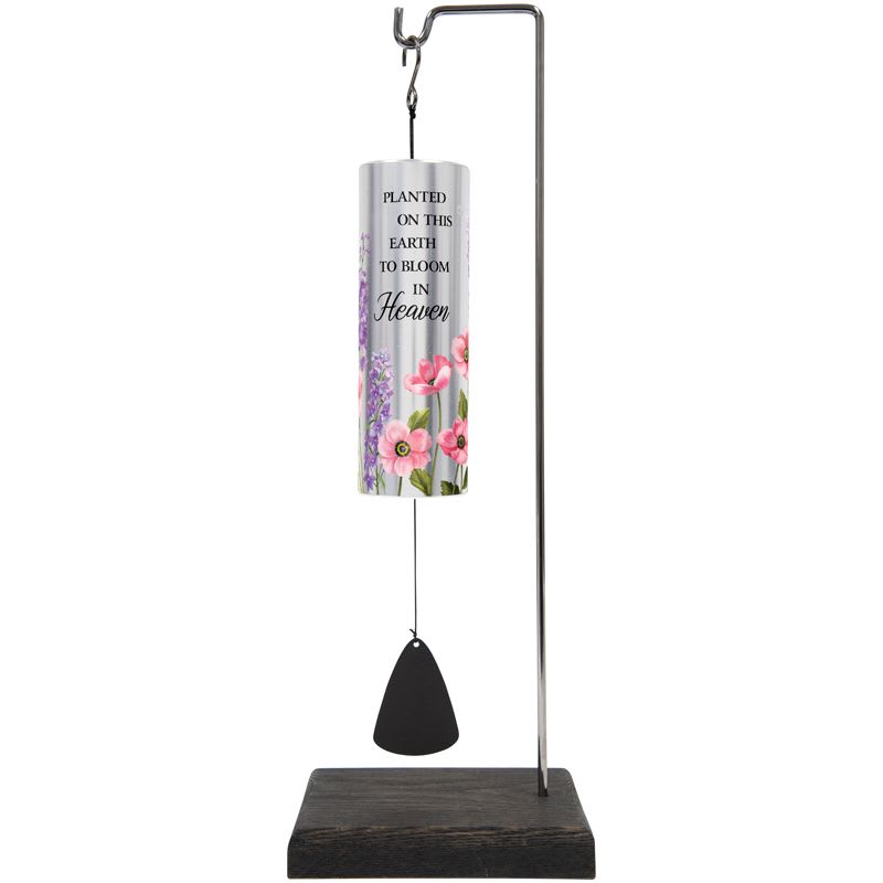 Eckert Florist's "In Heaven" – Mini Cylinder Sonnet Wind Chime with stand *Our Local Delivery Only - 12.5" x 2" Mini Cylinder Sonnet chime with stand offers the perfect gift! "Planted on this earth to Bloom in Heaven" Stand measures 15" L x 5 1/8" W x 4" D