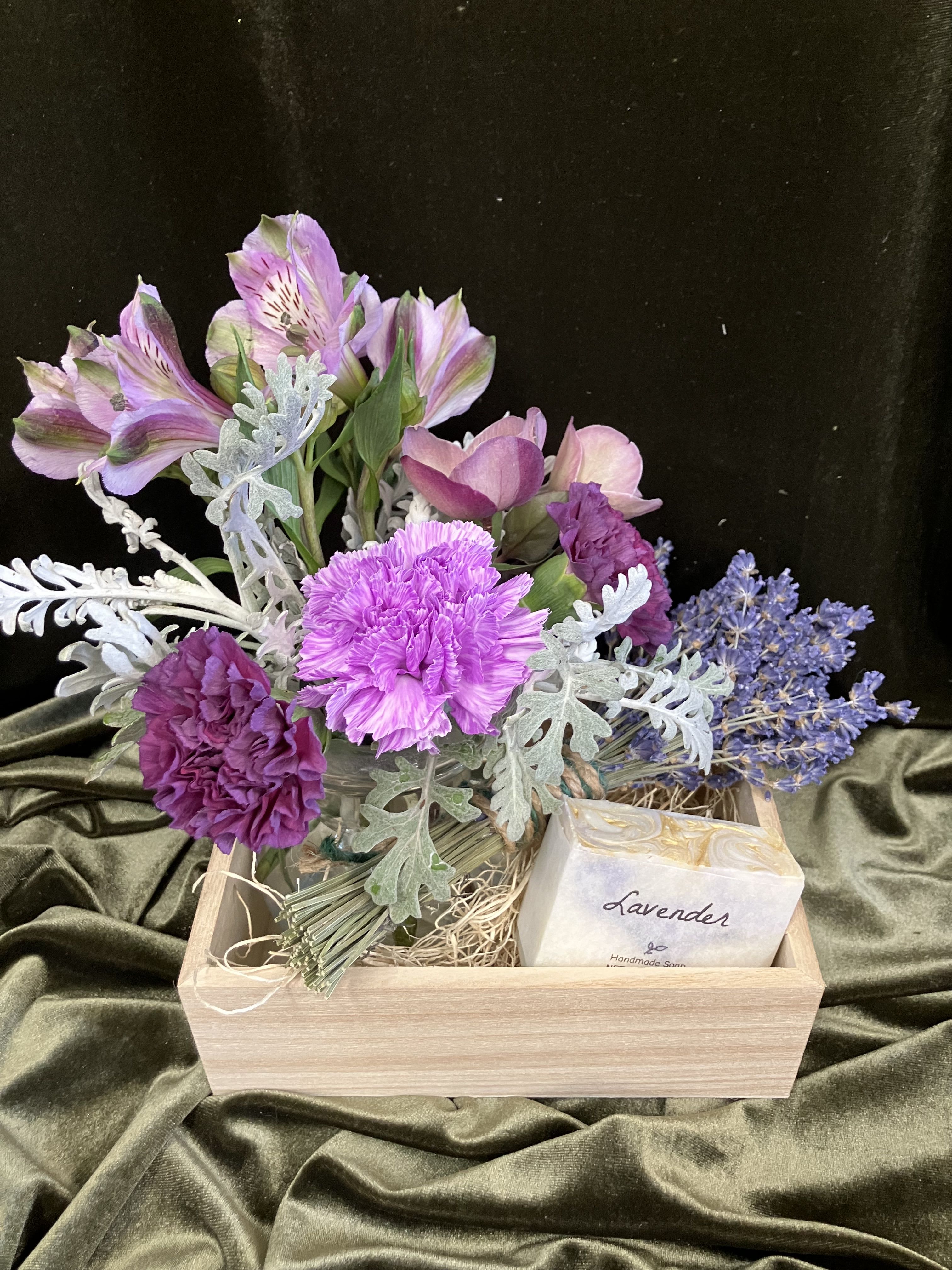 Mini Bouquet and Lavender  - Fun mini arrangement with purple flowers, lavender and locally made soap 