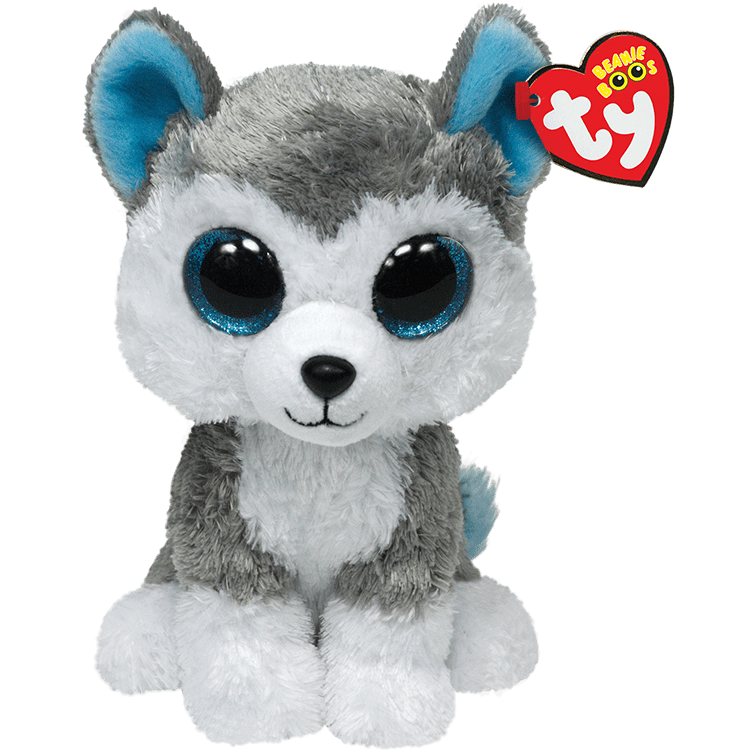 Plush- Slush the Husky - A soft gray husky plush with bright blue glittery eyes and a sweet friendly expression. Its fluffy fur, white face, and paws give it an adorable, cozy look. 