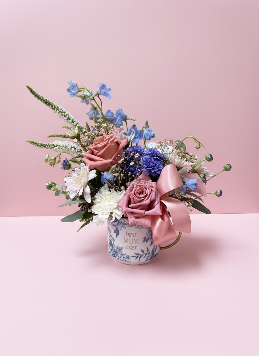Pink and blue mixed bouquet in a floral mug with a ribbon