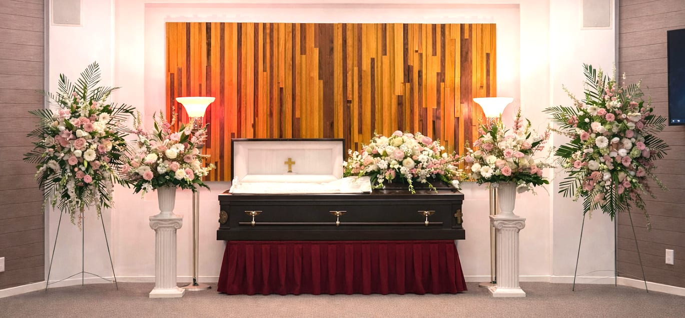 Pink Harmony Collection - Pink Harmony Collection includes the following six sympathy set pieces:  Casket Spray, Two Standing Spray,  Two Rose Bouquet DX White and Pink Roses, Gerbera, Hydrangea, Snapdragons with greenery Also we create Custom Banners with message.