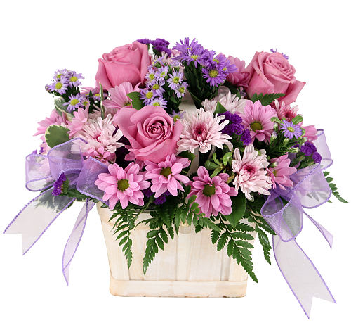 Pink roses and daisies arranged in a cream basket with purple ribbon