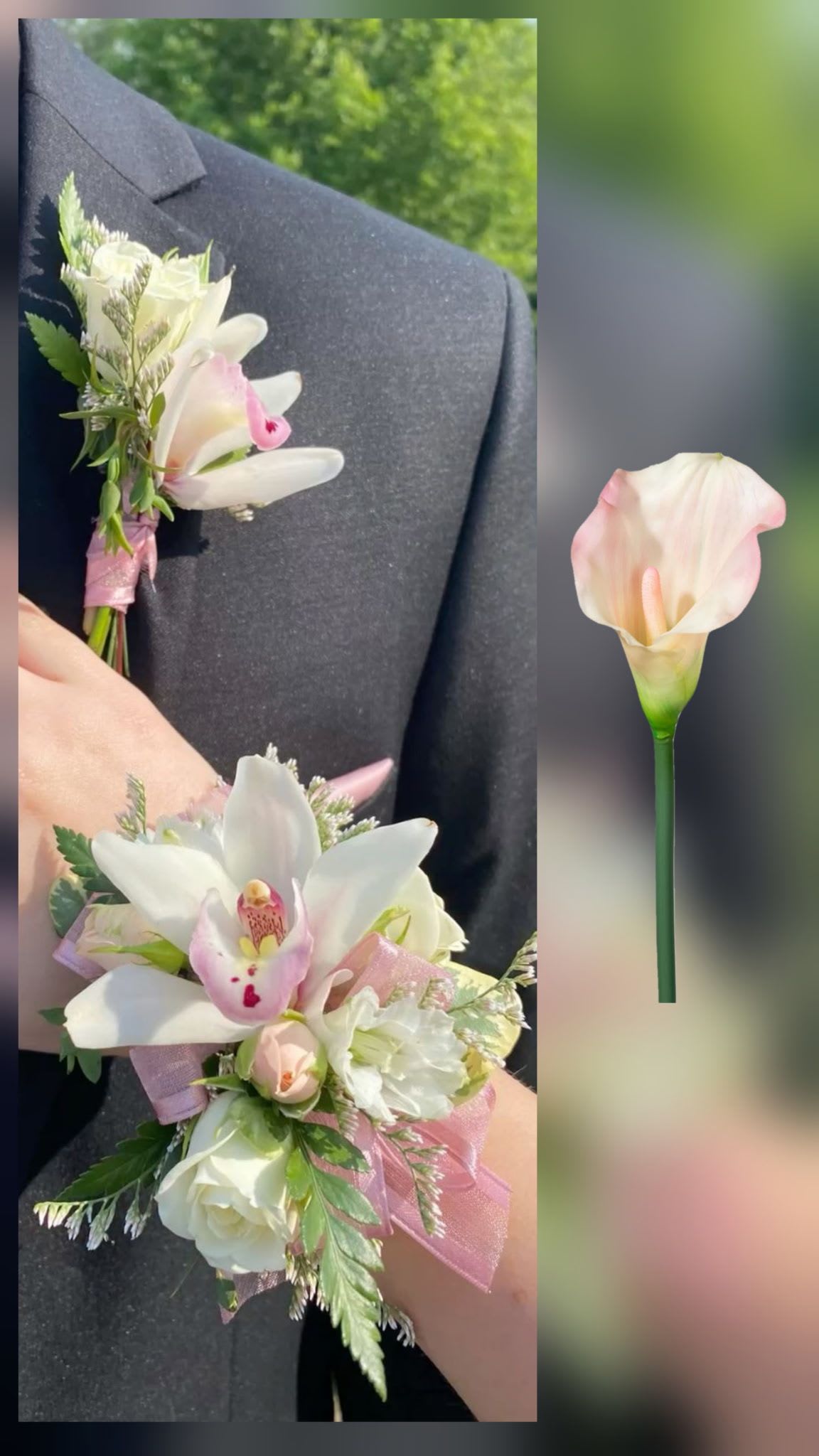 Prom Corsage &amp; Boutonniere Combo - Calla Lilies  - A delicate pairing of mini calla lilies, and roses makes this prom corsage and boutonniere combo the perfect finishing touch for formal nights and graduation dances. Styled in white, blush pink, and fresh green, this prom corsage &amp; boutonniere set is designed for prom or a wedding-ready look-an elegant choice when you want her to feel cherished and him to look polished at the same time.  