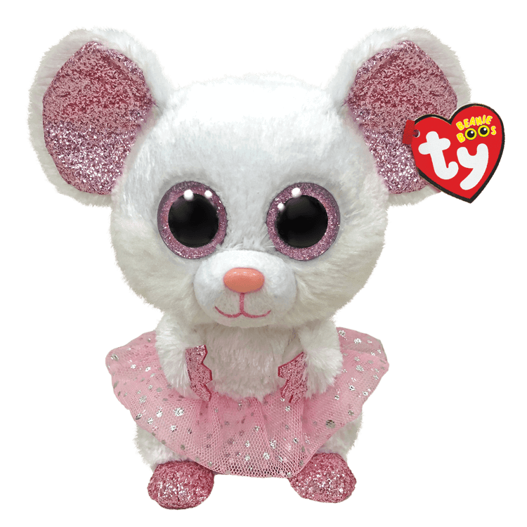 Plush- Nina the Mouse - This adorable plush mouse features soft white fur, sparkly pink ears, and a cute matching pink dress that gives it a charming look. 