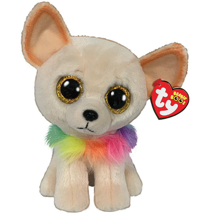 Plush- Chewey the Chihuahua - Meet Chewey the adorable little pup with a big personality. This plush features oversized sparking eyes and a bright rainbow collar that adds a fun pop of color. This plush is perfect for a playful and cheerful vibe. 