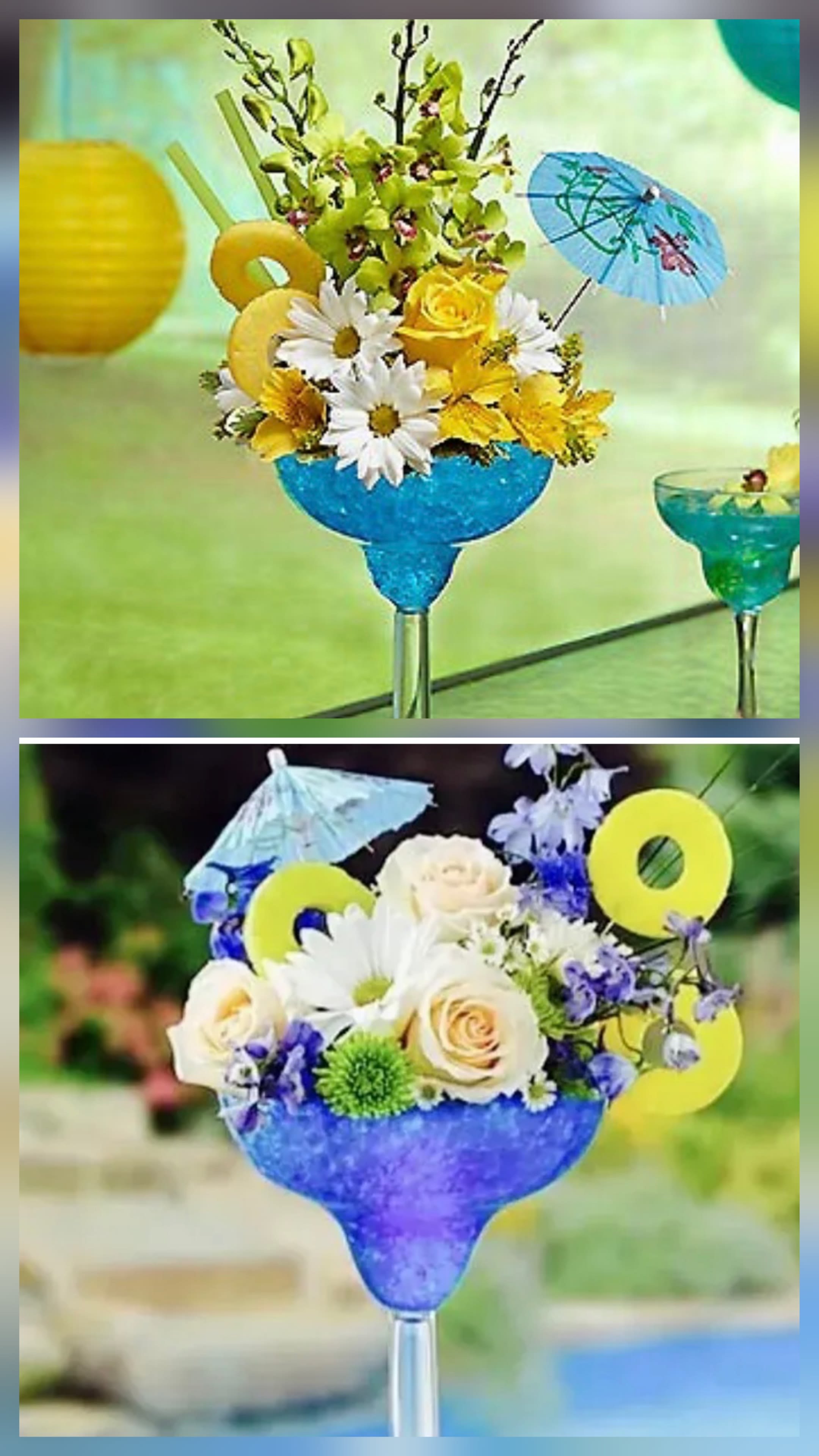 Golden Hour Margarita Arrangement - Playful cocktail-glass arrangements that read like a tropical toast-perfect as a birthday bouquet or festive party centerpiece. These party-ready floral designs pair yellow roses and white daisies with green orchids and bright yellow accents in an oversized cocktail glass topped with a small blue paper umbrella, while the companion arrangement mixes cream roses, white daisies, blue blossoms and a fuzzy green pom-pom bloom in a purple-blue glass finished with yellow number toppers. The result is cheerful, whimsical, and unmistakably celebratory for birthdays or any festive gathering.  Each composition blends mixed roses, daisies, orchids, and complementary filler flowers in a low, wide cocktail-style vessel-one in clear glass with sunny yellow highlights and one in a purple-blue glass for contrast. Decorative hard goods-paper umbrellas, cocktail glasses, and number toppers-are included to amplify the party vibe. These compact arrangements are designed to sit on tables or be handed as a playful gift that makes the recipient feel singled out and celebrated; they arrive ready to display and enjoy with simple fresh-water care to keep blooms looking bright through the celebration.