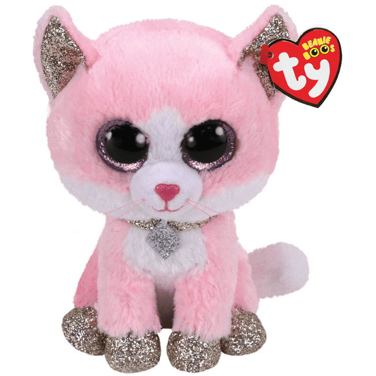 Plush- Fiona the Pink Cat - Meet Fiona, the sweetest little kitty with a touch of shine! This adorable plush features glittery silver ears and paws, and big sparkling eyes that give it an extra cute look. Fiona is perfect for adding personality to any space she's in.  