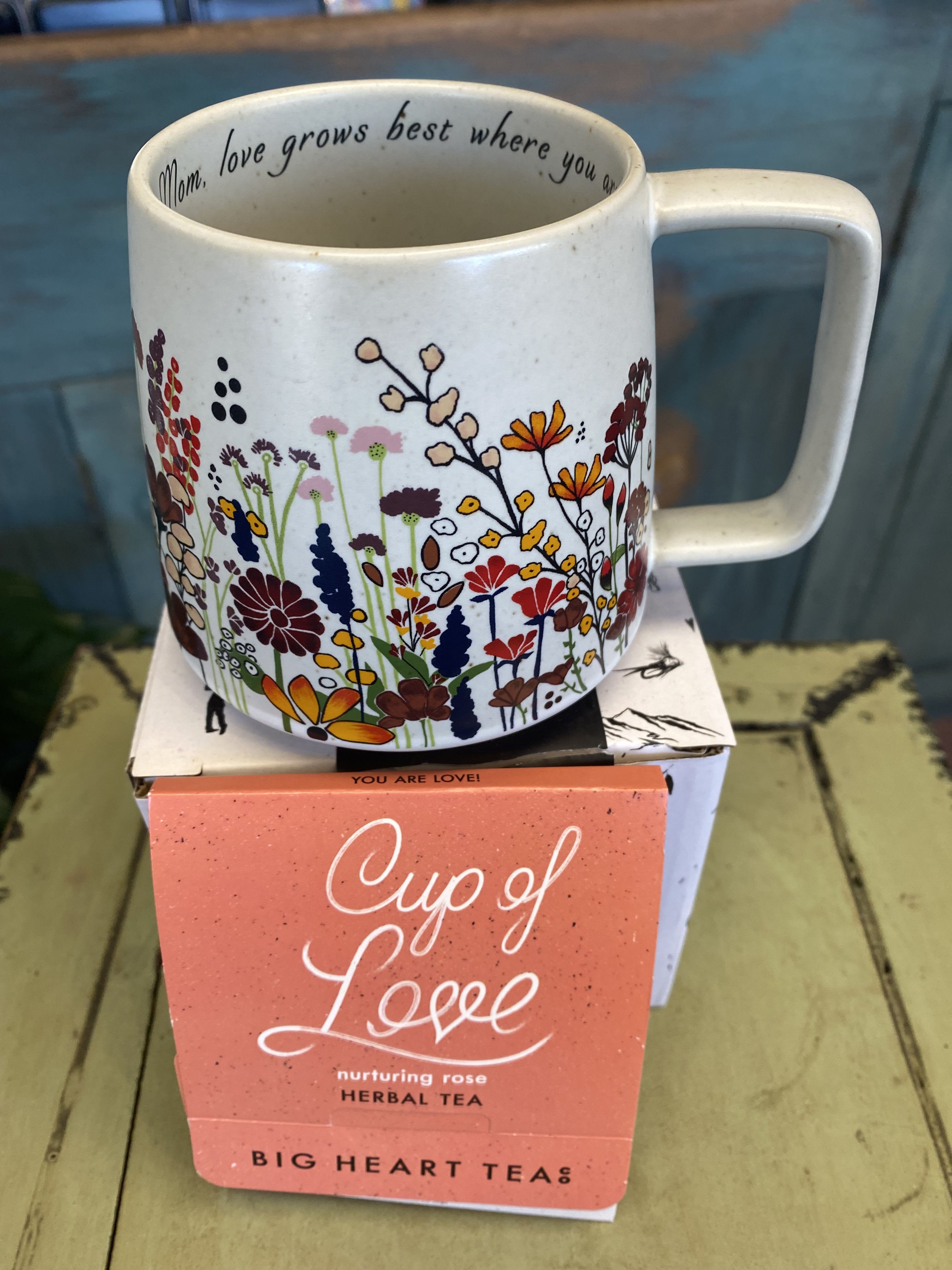 Mom Mug and Tea - "Mom, love grows best where you are" stencilled inside this pretty artisan ceramic mug and Cup of Love 