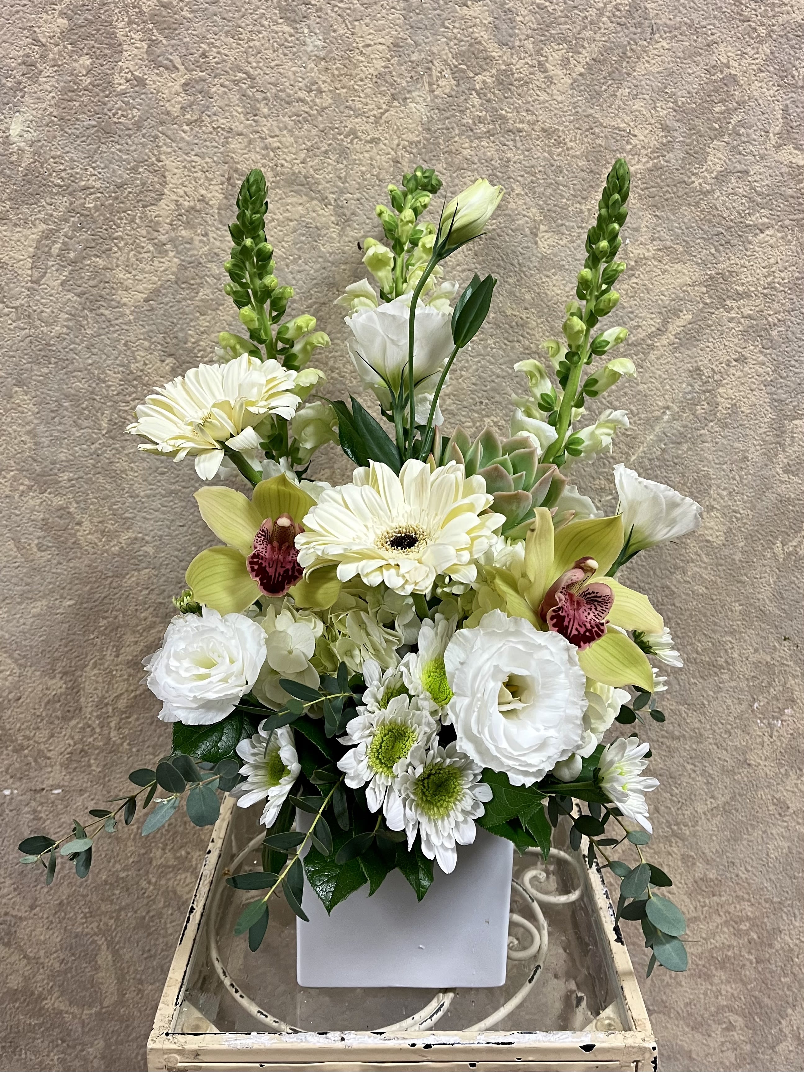 Eternal Grace - Recipe: White Snapdragons, Gerbera Daisies, White Lisianthus, Green Cymbidium Orchids, Chrysanthemums, and Succulent in a white, square vase. Season: All year round Orientation: Front Facing View Photo shown: Standard