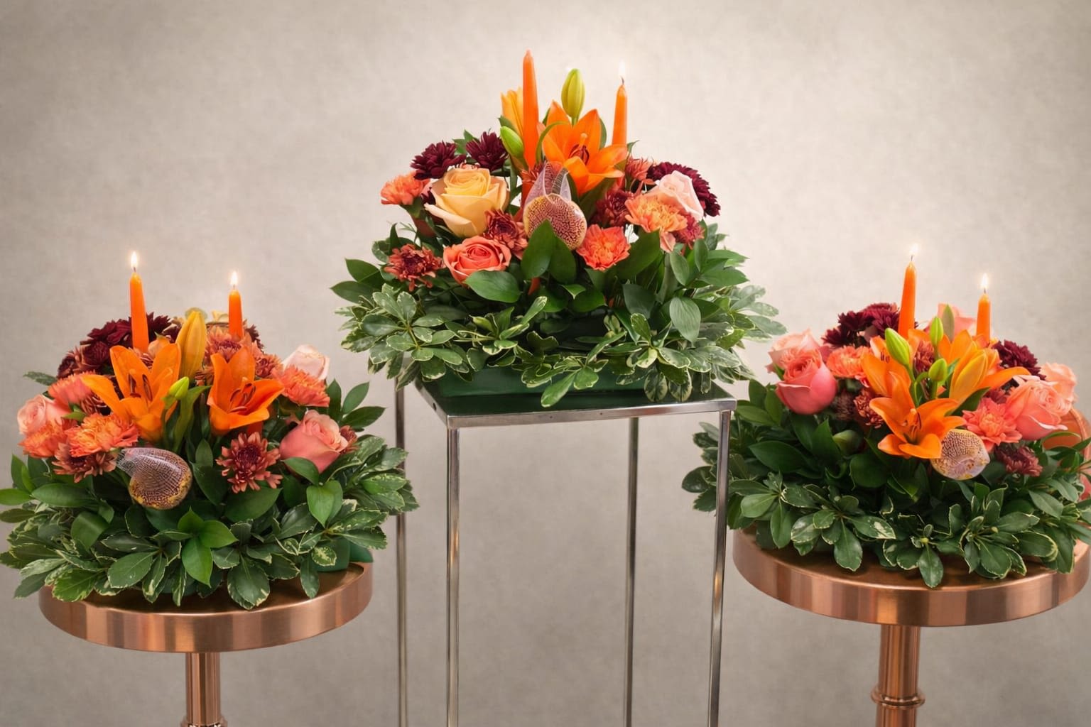 Thanksgiving Harvest Centerpiece - A trio of compact floral centerpieces arranged on copper-colored round trays creates an immediate Thanksgiving or harvest-table focal point for a dinner, anniversary, or festive gathering. The taller centerpiece surrounded by two shorter matching designs makes a formal yet warm statement-perfect for hosting family or celebrating a special person-while slim orange candles add vertical drama and a cozy glow.  Bright orange lilies take center stage, accented by pink roses, coral carnations, and deep burgundy chrysanthemums for layered color and texture. Dense variegated foliage forms a rounded, structured base that keeps each arrangement feeling full and polished; the pieces sit on metal pedestal stands that lift blooms off the table for easy conversation across the setting.  Designed to make the recipient feel celebrated and seen, this set suits holiday tables, milestone dinners, or as an elegant gift for hosts. Each arrangement arrives ready to display on its tray with candles included; keep stems in fresh water, trim as needed, and place away from direct heat to extend bloom life.