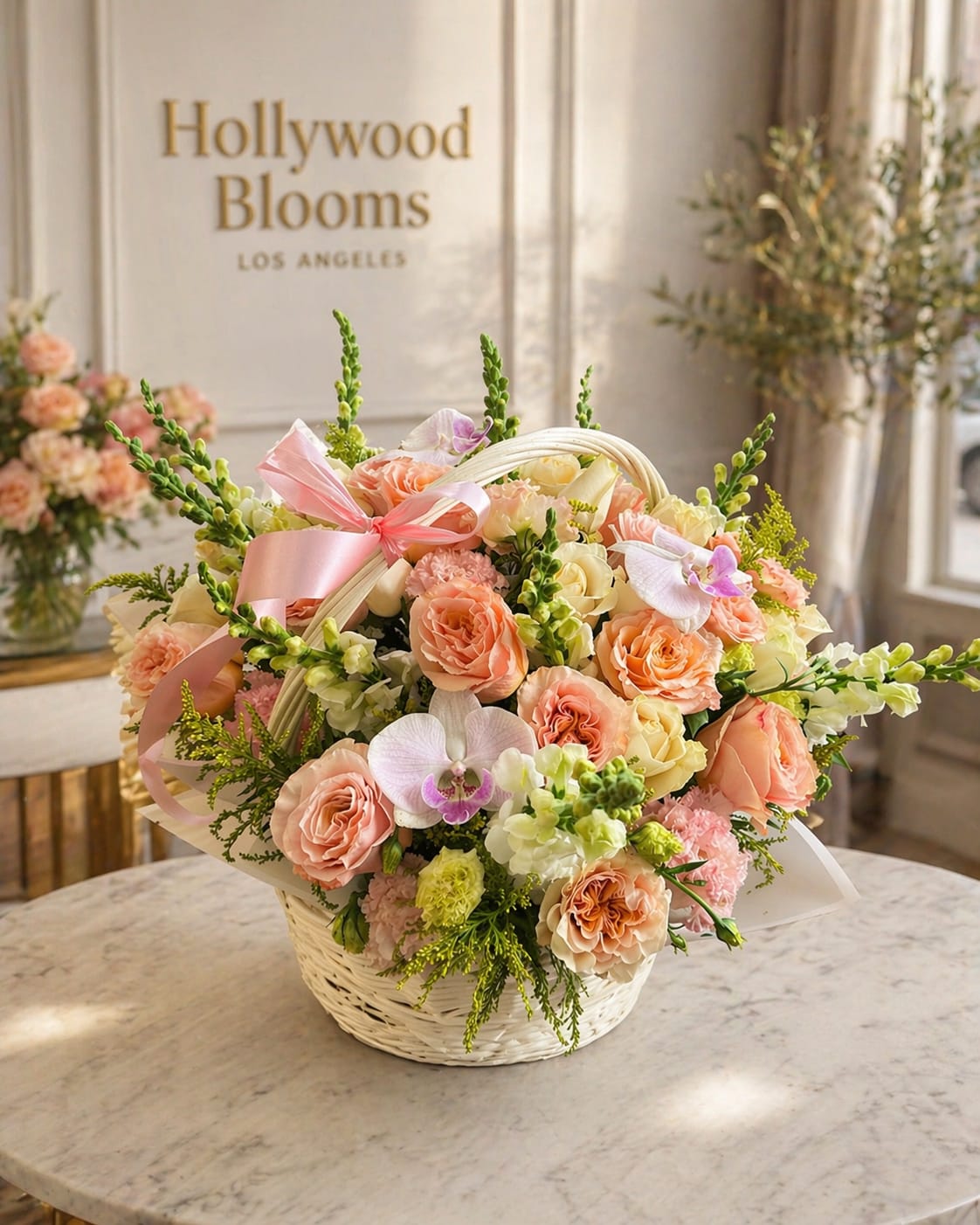 Soft Bloom Basket for Mom - Celebrate Mother’s Day with a luxurious blush garden flower basket designed to impress. Featuring elegant pastel blooms in soft pink, peach, and creamy tones, this arrangement is perfect for expressing love and appreciation. Ideal as a thoughtful gift for