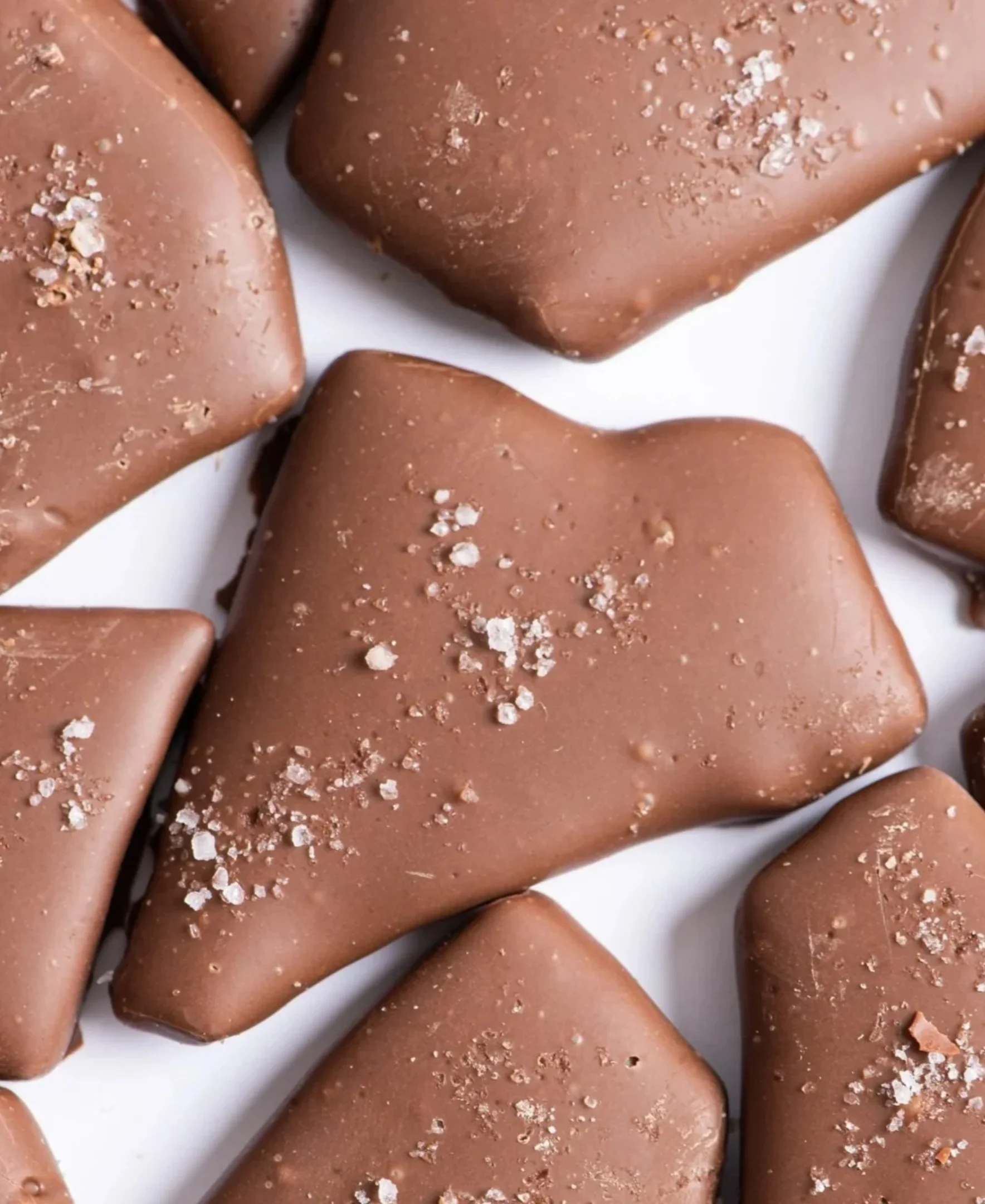 Close-up of milk chocolate pieces topped with coarse sea salt