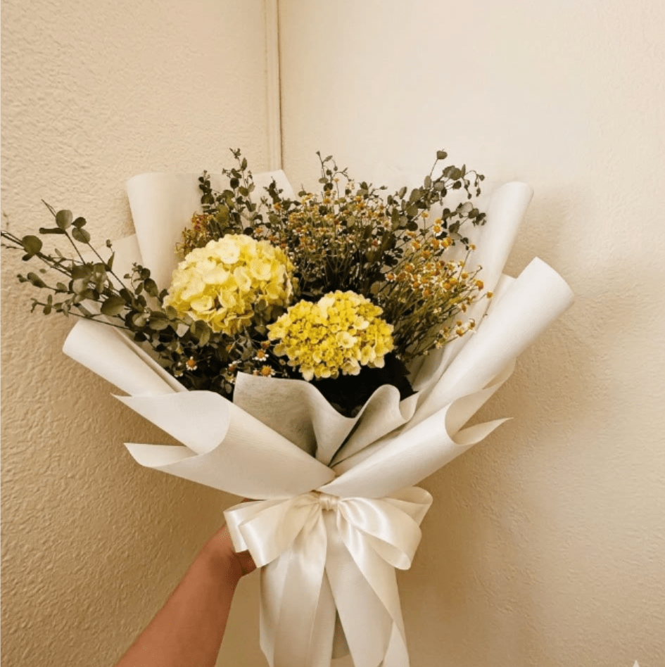 White Cloud - Light, airy, and comforting—White Cloud is a soft embrace in floral form. The cloud-like texture of hydrangeas and feverfew provides a sense of weightlessness and peace for the recipient.  This seasonal bouquet features:  White Hydrangea  Petite White Feverfew  Silvery Gunni Eucalyptus  Garden Greens  Presentation: Expertly wrapped in our signature textured paper and tied with satin ribbon. Prefer a vase? Add one to your cart to complete the look.  Personal Touch: We’ll include a custom card message with every order. You’ll be able to write your message at checkout.  Please Note: All flowers are subject to seasonal availability. If a specific bloom isn’t available, our designers will thoughtfully substitute with flowers in a similar shape, style, and color.  Standard size shown. Vase upgrade is optional.   Floral Care Guide  Your arrangement arrives in our signature "double wrap" and is nestled in a protective box. While the stems are secured with a wet wrap for transit they are ready for a full drink!   Unpack: Gently lift the bouquet from the box. Remove the plastic bag and wet towel from the stems. Trim &amp; Hydrate: Trim 1/2" off stems at an angle and place in a clean vase with cool water. Refreshed: Change water daily for a long-lasting bloom.  