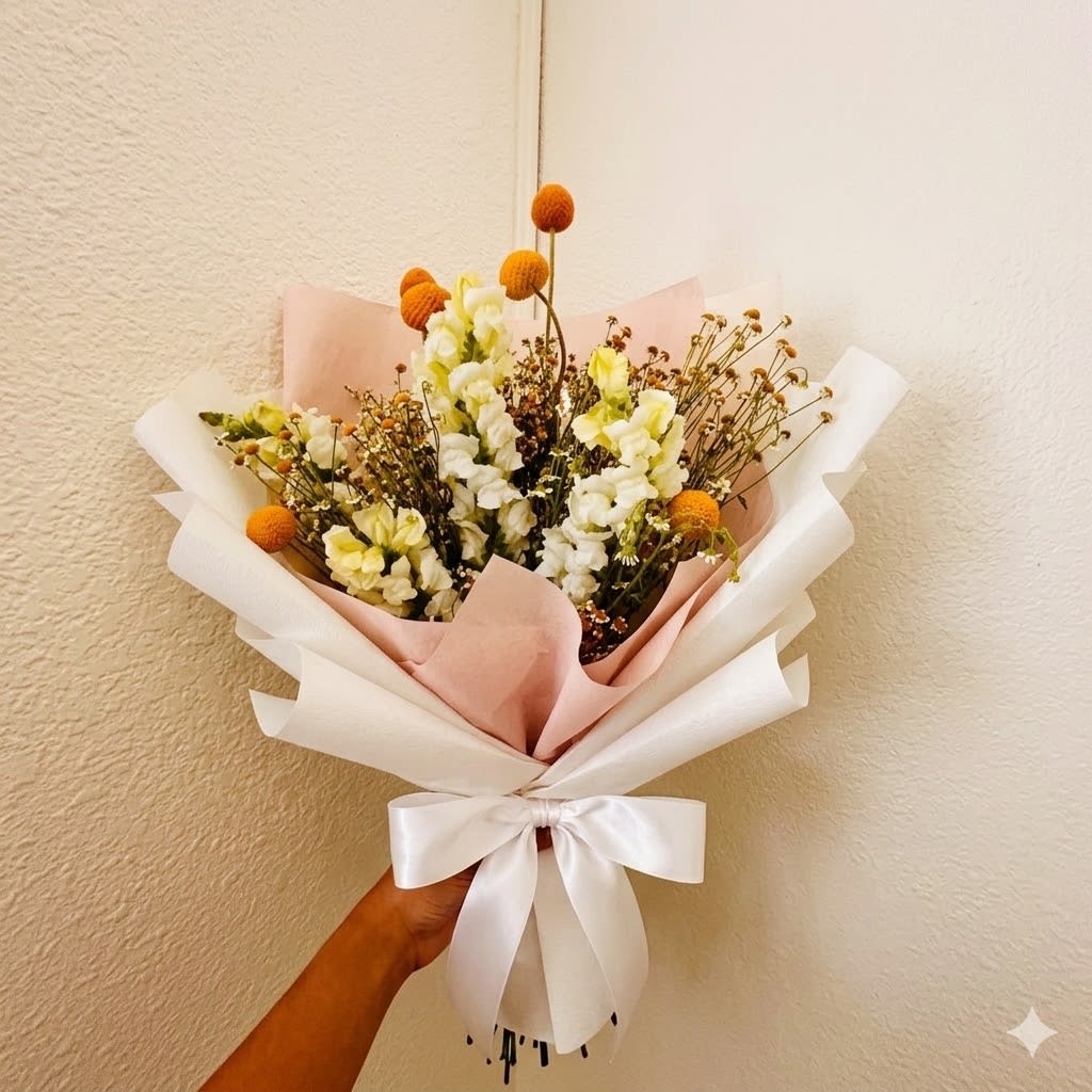 Pure Joy - Whimsical, happy, and lighthearted—Pure Joy is a playful mix designed to inspire a smile. High-contrast white and yellow textures make this bouquet a cheerful distraction for a hospital or bedroom.  This seasonal bouquet features:  White Snapdragons  Yellow Billy Buttons  Petite White Feverfew  Garden Greens  Presentation: Expertly wrapped in our signature textured paper and tied with satin ribbon. Prefer a vase? Add one to your cart to complete the look.  Personal Touch: We’ll include a custom card message with every order. You’ll be able to write your message at checkout.  Please Note: All flowers are subject to seasonal availability. If a specific bloom isn’t available, our designers will thoughtfully substitute with flowers in a similar shape, style, and color.  Standard size shown. Vase upgrade is optional.   Floral Care Guide  Your arrangement arrives in our signature "double wrap" and is nestled in a protective box. While the stems are secured with a wet wrap for transit they are ready for a full drink!   Unpack: Gently lift the bouquet from the box. Remove the plastic bag and wet towel from the stems. Trim &amp; Hydrate: Trim 1/2" off stems at an angle and place in a clean vase with cool water. Refreshed: Change water daily for a long-lasting bloom. 