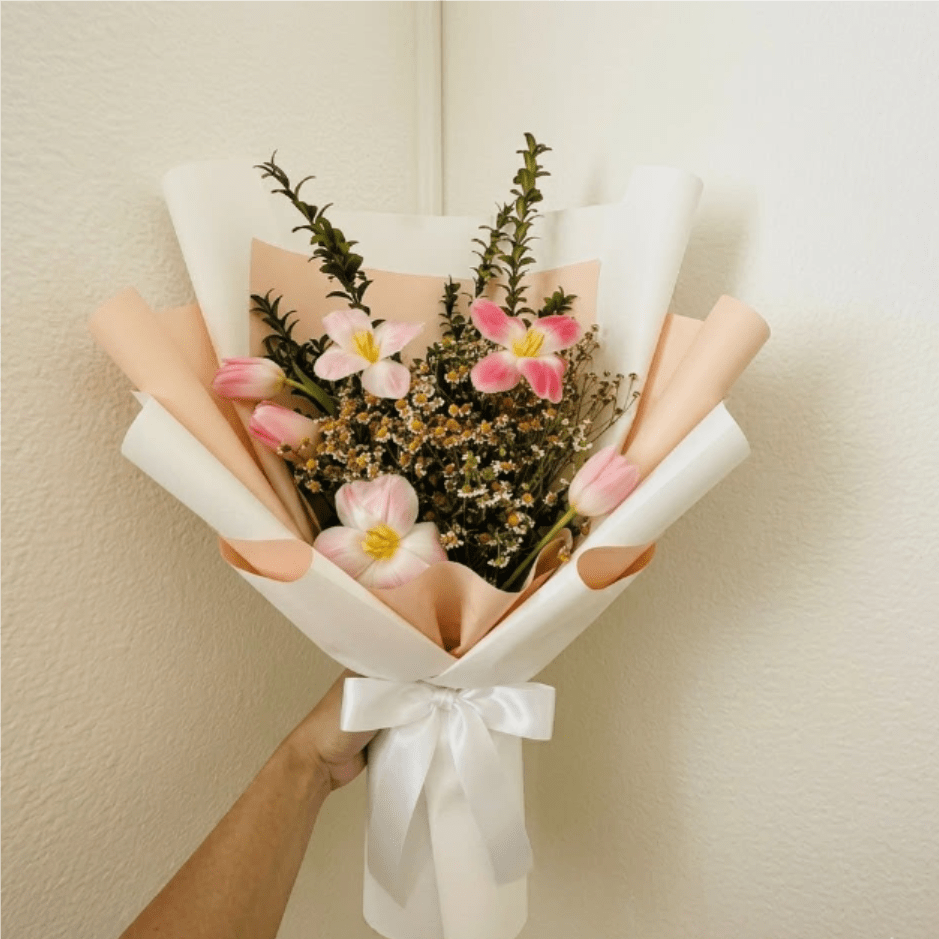 Nursery Rhyme - Playful, nostalgic, and bright—Nursery Rhyme feels like a storybook come to life. Simple pink tulips and whimsical feverfew create a cheerful, low-maintenance design that is perfect for a new mother’s bedside.  This seasonal bouquet features:  Pink Tulips  Petite White Feverfew  Fresh Boxwood  Garden Greens  Presentation: Expertly wrapped in our signature textured paper and tied with satin ribbon. Prefer a vase? Add one to your cart to complete the look.  Personal Touch: We’ll include a custom card message with every order. You’ll be able to write your message at checkout.  Please Note: All flowers are subject to seasonal availability. If a specific bloom isn’t available, our designers will thoughtfully substitute with flowers in a similar shape, style, and color.  Standard size shown. Vase upgrade is optional.   Floral Care Guide  Your arrangement arrives in our signature "double wrap" and is nestled in a protective box. While the stems are secured with a wet wrap for transit they are ready for a full drink!   Unpack: Gently lift the bouquet from the box. Remove the plastic bag and wet towel from the stems. Trim &amp; Hydrate: Trim 1/2" off stems at an angle and place in a clean vase with cool water. Refreshed: Change water daily for a long-lasting bloom.  