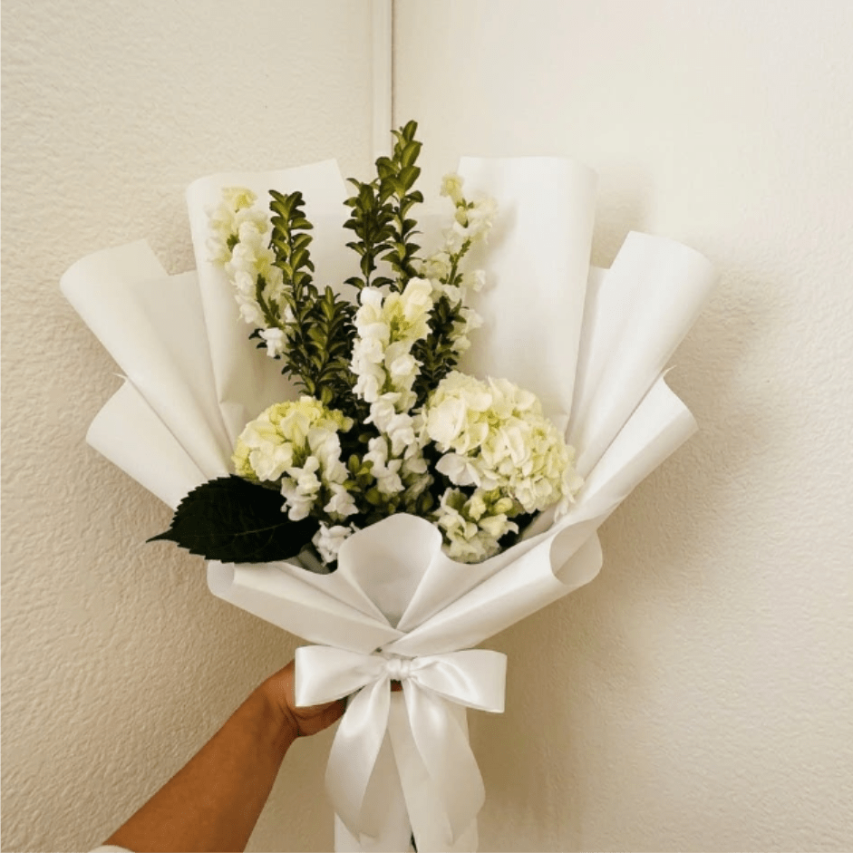 Cradle Song - Pure, organic, and timeless—Cradle Song uses a calming palette of green and white to welcome a new life. This sophisticated arrangement of hydrangeas and snapdragons creates a restful environment for the whole family.  This seasonal bouquet features:  Mini Green Hydrangea  White Snapdragons  Fresh Boxwood  Garden Greens  Presentation: Expertly wrapped in our signature textured paper and tied with satin ribbon. Prefer a vase? Add one to your cart to complete the look.  Personal Touch: We’ll include a custom card message with every order. You’ll be able to write your message at checkout.  Please Note: All flowers are subject to seasonal availability. If a specific bloom isn’t available, our designers will thoughtfully substitute with flowers in a similar shape, style, and color.  Standard size shown. Vase upgrade is optional.   Floral Care Guide  Your arrangement arrives in our signature "double wrap" and is nestled in a protective box. While the stems are secured with a wet wrap for transit they are ready for a full drink!   Unpack: Gently lift the bouquet from the box. Remove the plastic bag and wet towel from the stems. Trim &amp; Hydrate: Trim 1/2" off stems at an angle and place in a clean vase with cool water. Refreshed: Change water daily for a long-lasting bloom.  