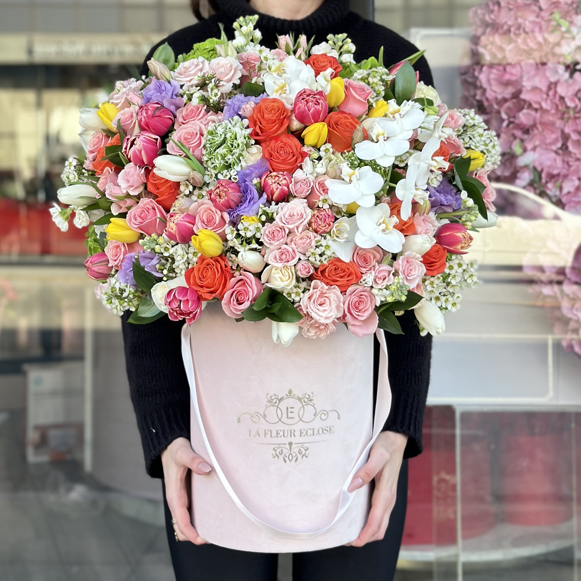 Colorful Mix V - Mix of flowers in our velvet signature box. Standard- as you see on the picture  Deluxe -  it is going to be bigger Premium- huge arrangement with premium flowers 