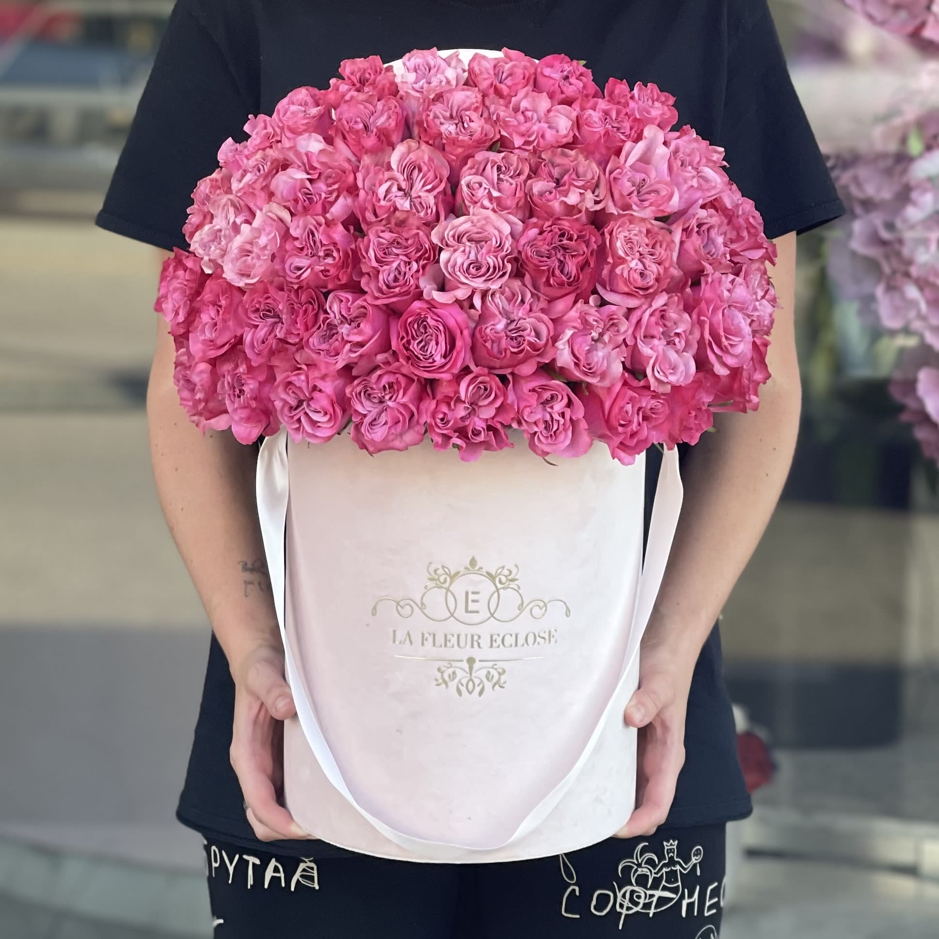 Lana’s Garden V - Fresh heart-shaped pink roses in our velvet pink box  Standard - 50 roses Deluxe - 75 roses Premium - 100 roses