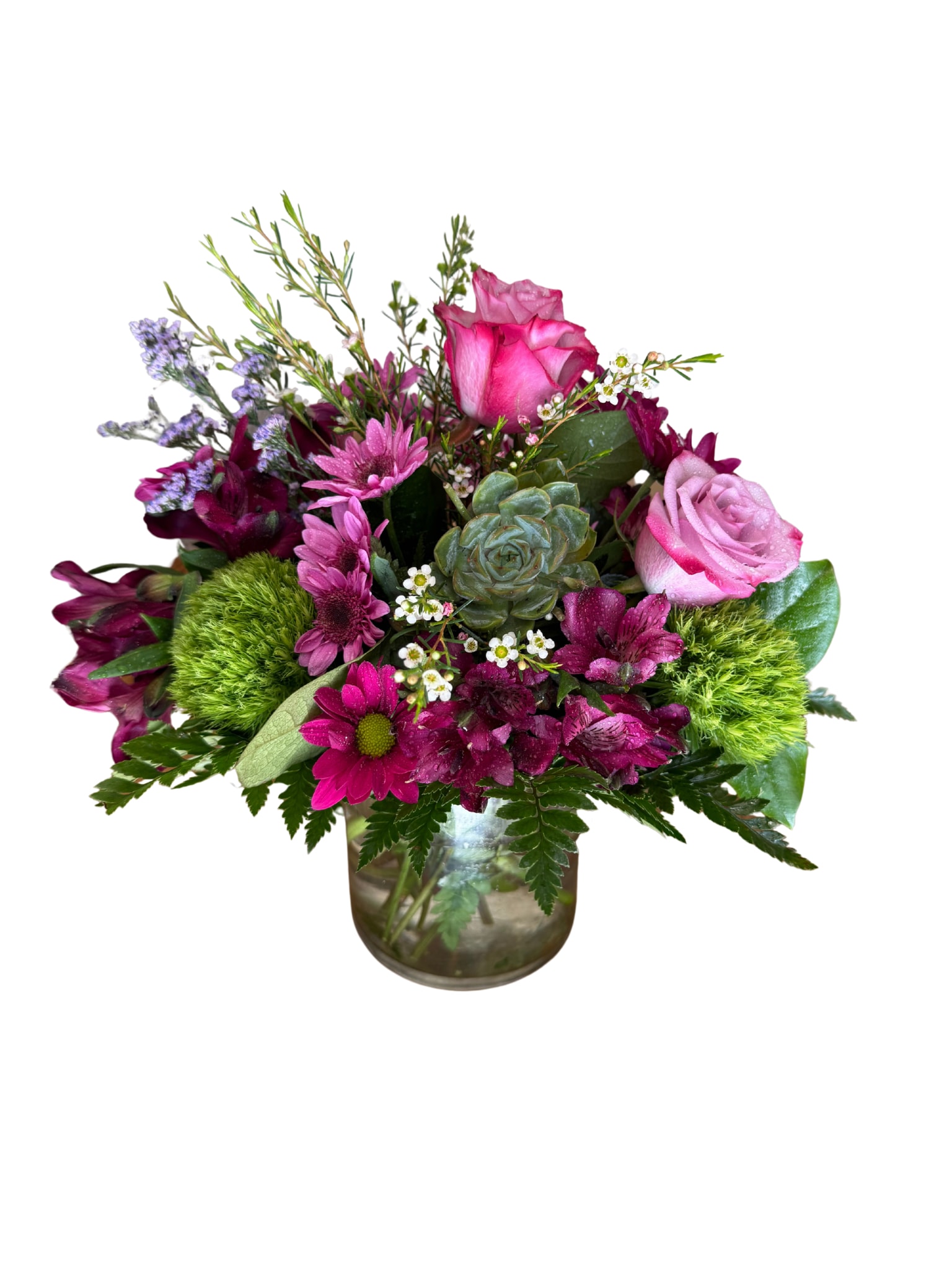 Garden Botanical Bouquet by Local florist  - Flower arranment in vase with lavender roses, alstromeria, Dianthus green, filler and a succulent with green