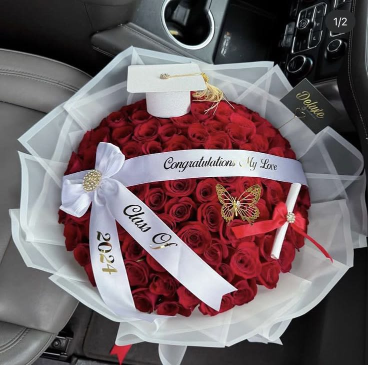 Luxury Graduation Bouquet with 50 Fresh Roses - Make graduation day unforgettable with a premium buchon bouquet featuring 50 beautifully arranged roses. This elegant floral gift is perfect for showing pride and love to your graduate. Ideal for high school or college graduations.  