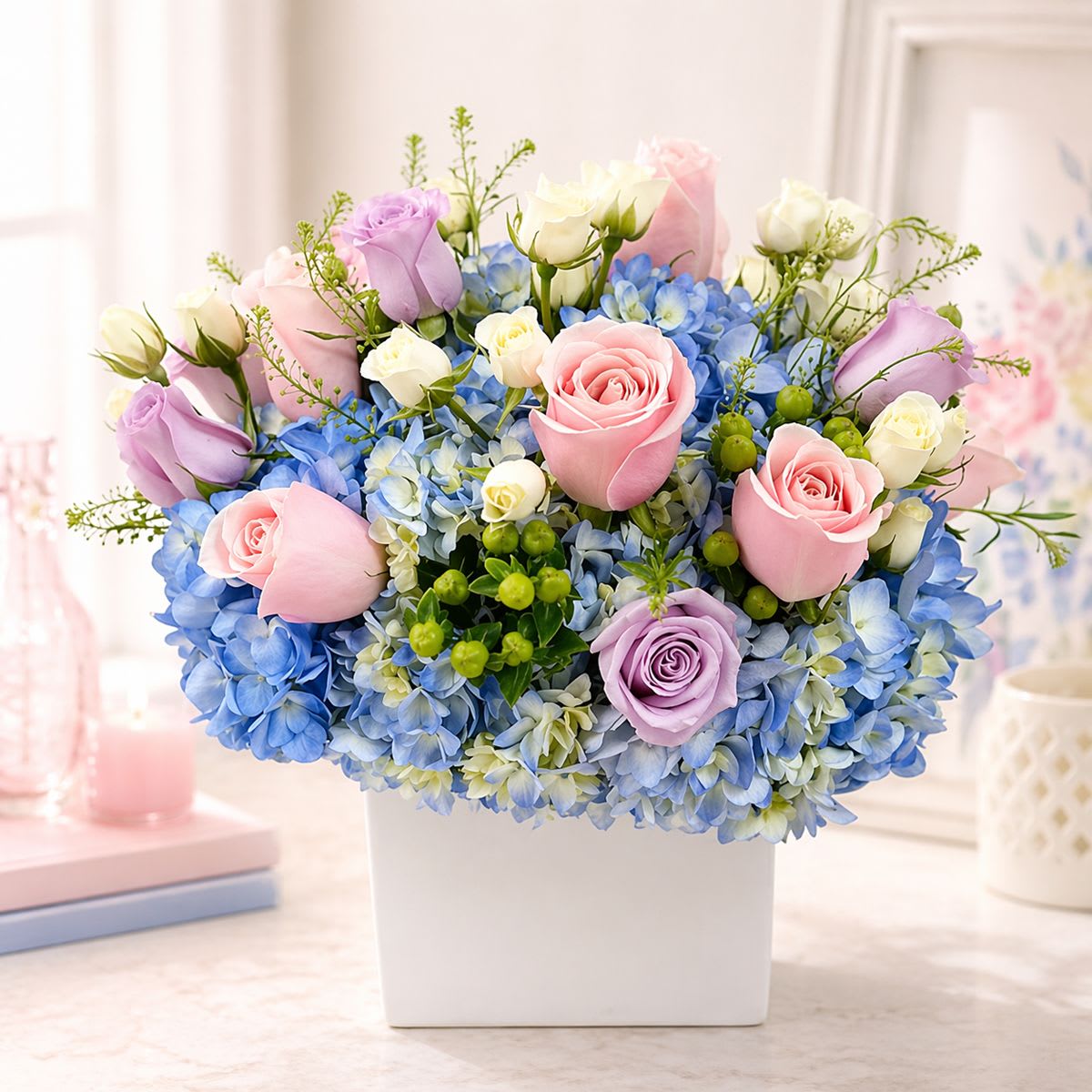 Blush &amp; Blue Garden Elegance - Blush &amp; Blue Garden Elegance  Soft, romantic, and effortlessly elegant, this lush arrangement features a beautiful blend of airy blue hydrangea, delicate blush and lavender roses, and creamy white spray roses. Accented with fresh greenery and seasonal textural elements, this design brings a light, garden-inspired feel with a refined, modern touch.  Arranged in a clean white ceramic vase, this piece is perfect for celebrating life’s sweetest moments—whether it’s a birthday, new baby, anniversary, or simply brightening someone’s day. The gentle pastel palette creates a calming, sophisticated presence that complements any space.  Approximate Dimensions: 9–11” W x 9–11” H  Available Sizes:  • Standard – 10 Blush and Lavender Roses, 5 White Spray Roses, 4 Blue Hydrangeas, 4 Hypericum and Fresh Garden Greens White Ceramic Vase  • Deluxe – 12 Blush and Lavender Roses, 6 White Spray Roses, 5 Blue Hydrangeas, 5 Hypericum and Fresh Garden Greens White Ceramic Vase  • Premium – 14 Blush and Lavender Roses, 7 White Spray Roses, 6 Blue Hydrangeas, 6 Hypericum and Fresh Garden Greens White Ceramic Vase  Perfect For:  • Birthdays • New baby celebrations • Thank you gifts • Elegant home décor  Expertly designed and available for same-day San Diego flower delivery, this hydrangea and rose arrangement is a timeless choice for any occasion.