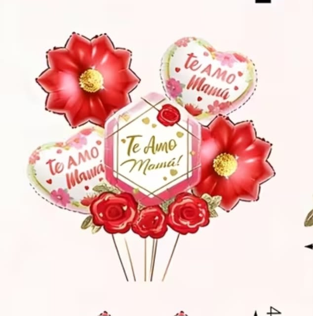 Te Amo Mama balloon bouquet  - A vibrant celebration of love for Mom, this flower arrangement pairs classic roses with festive heart-shaped balloons to create a Mother's Day bouquet that says "Te Amo Mamá!" in bold, joyful style. The balloon bouquet and rose accents make it a perfect loving family gift or anniversary surprise for the mother who deserves something both romantic and playful.  Three red rose accents sit near the base among a cluster of heart-shaped balloons: a central hexagonal balloon printed with "Te Amo Mamá!", two floral-bordered heart balloons, and two red flower-shaped balloons for added texture and cheer. The color story mixes red and pink with white backgrounds and small yellow details, giving strong romantic red tones softened by pink and brightened by white and yellow. Balloon sticks hold the arrangement upright for easy display.  Designed to make her feel seen and adored, this arrangement is the kind of gift that greets Mom at the door and brightens her day - ideal for Mother's Day, a birthday, or to say thank you. Lightweight and ready to display, it arrives assembled on sticks so she can place it on a table or counter without fuss.