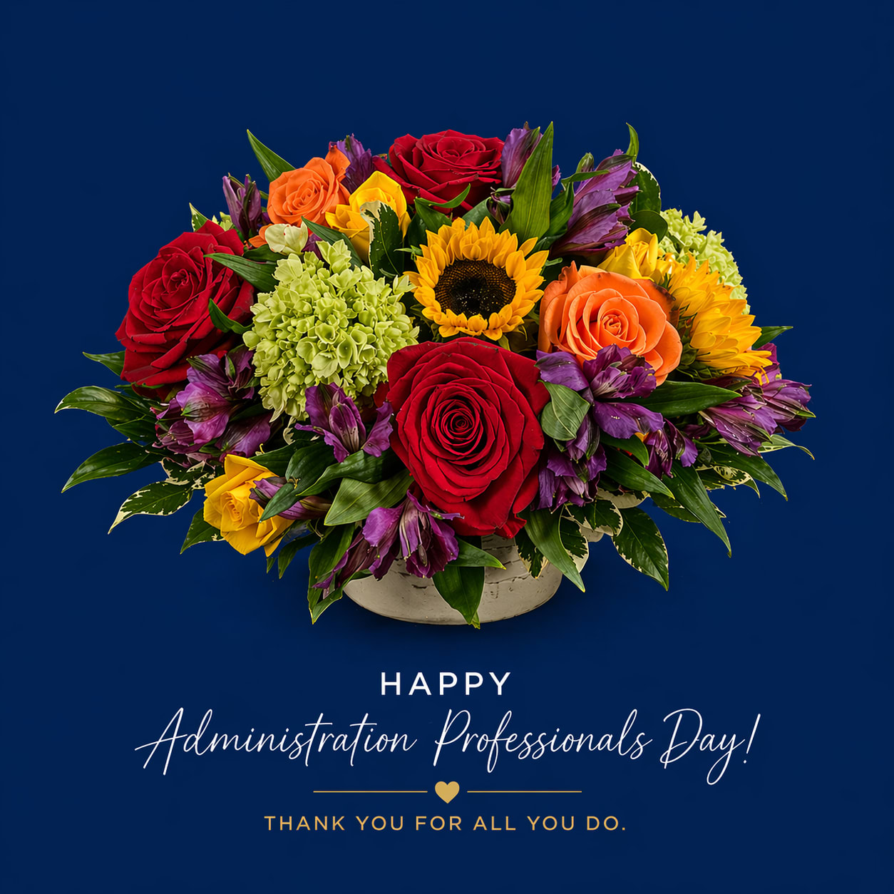 Happy Admin Professionals Day -   For a brighter option that still suits the same thoughtful occasions, choose the compact, celebratory version in a low ceramic bowl or round container: vivid red and orange roses, sunny yellow sunflowers, purple alstroemeria and pale green hydrangea-like clusters form a tight, full dome that feels warm and appreciative.