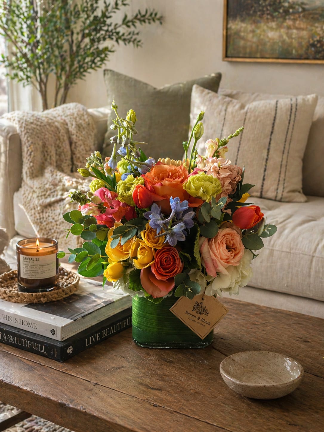 Garden Radiance – Elegant Garden Style Flower Arrangement (Same-Day Delivery Los Angeles) - Bring warmth, color, and natural beauty into any space with Garden Radiance, a lush floral arrangement inspired by a blooming garden in full sunlight. Designed in a modern green glass container, this cheerful piece features a vibrant mix of premium seasonal flowers in soft peach, golden yellow, coral, blush pink, creamy white, and delicate lavender tones.  Handcrafted by the floral designers at My Blooming Business, Garden Radiance offers a fresh, elegant look that feels both refined and joyful. Its layered textures and rich colors make it a stunning gift for anniversaries, thank you moments, get well wishes, celebrations, or simply brightening someone’s day.  Perfect for coffee tables, dining rooms, offices, and entryways, this arrangement brings life and charm wherever it is placed.  Flower varieties may include: roses, tulips, lisianthus, hydrangea, delphinium, snapdragons, eucalyptus, and other premium seasonal blooms.  Perfect For: • Thank You Gifts • Get Well Flowers • Housewarming Gifts • Just Because Flowers • Everyday Luxury Decor  Delivery Available: Los Angeles, Eagle Rock, Glendale, Pasadena, Burbank, Highland Park, South Pasadena, Atwater Village, Los Feliz, and surrounding areas.  Please Note: Substitutions may be made based on seasonal availability while maintaining the same color palette, style, and overall beauty of the design.