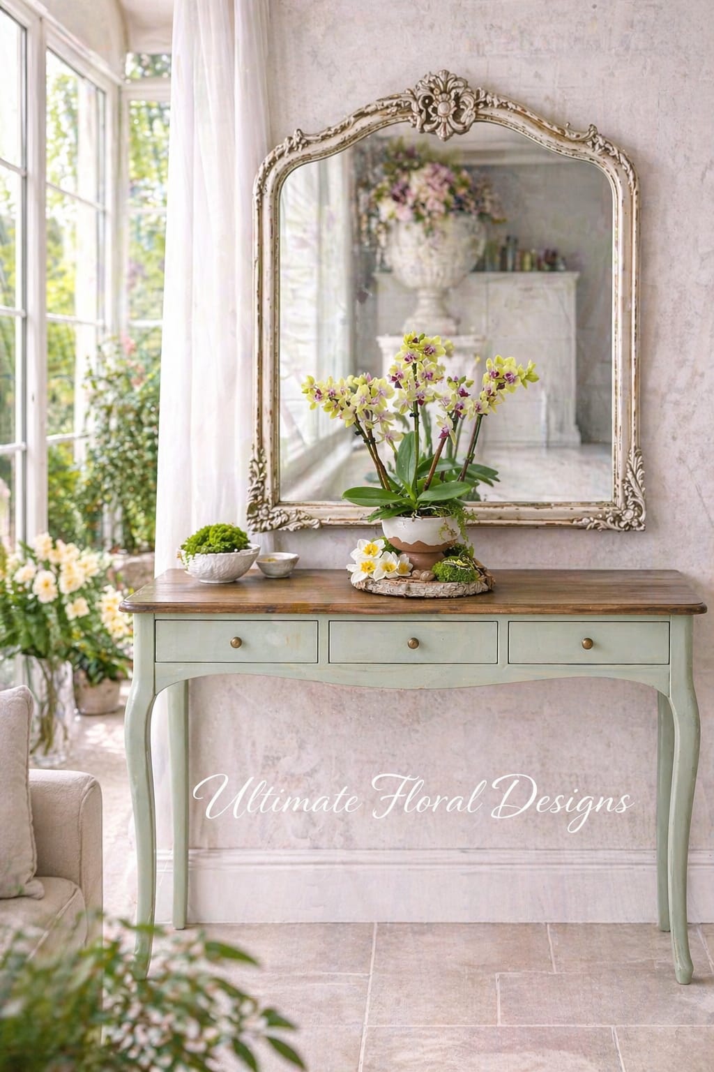 Luxury Orchid Garden Arrangement - A sophisticated orchid garden arrangement featuring premium phalaenopsis orchids in soft yellow with delicate magenta centers, artfully designed in a natural ceramic vessel with a wood base and moss accents.  This design brings a sense of calm elegance and organic beauty, making it perfect for home décor, corporate settings, or a thoughtful luxury gift.  Each arrangement is handcrafted by Ultimate Floral Designs using high-quality orchids selected for their beauty, structure, and longevity.  Same-day flower delivery available in Great Falls, McLean, Vienna, Reston, Arlington, and Washington, DC.