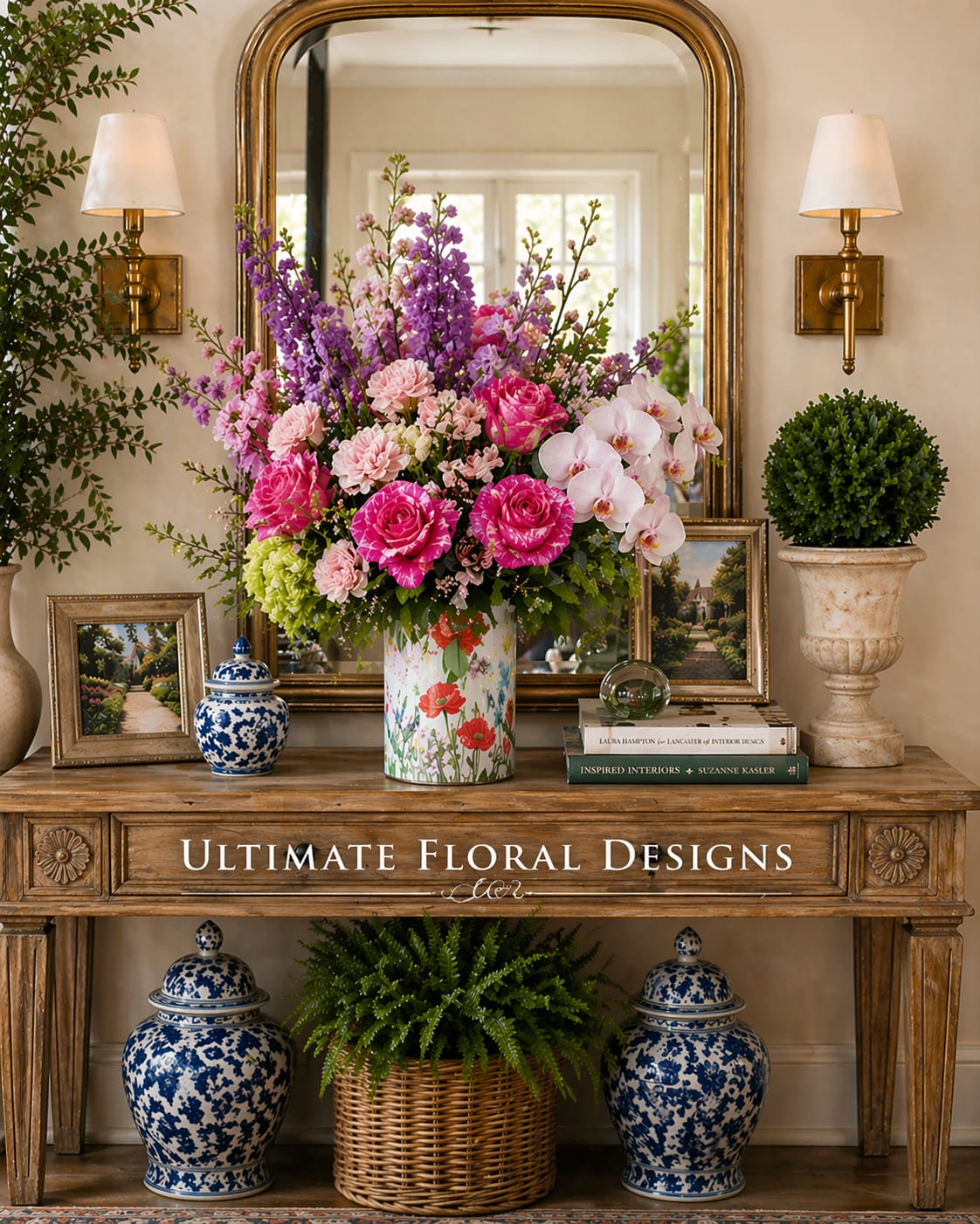 Pandora Garden Elegance - Bright pink pandora roses and tall purple Delphinium spikes give this large mixed flower arrangement an immediate, garden-fresh impact perfect as a birthday bouquet, anniversary centerpiece, or a celebratory gift that needs to make someone feel truly seen. The composition reads lush and formal yet cheerful, designed to sit prominently on a console or dining table and bring a polished, interior-decor elegance to any room.  Pale pink ranunculus, white orchids, and complementary greenery are arranged with layered height and natural movement in a painted cylindrical ceramic vase that echoes the arrangement's garden-inspired color story of pink, purple, white, and green. The overall scale is generous and abundant, intended for everyday display in living rooms, entryways, or office receptions; nearby styling in the image (wood console, framed pictures, table lamps, decorative jars) shows how well it anchors a refined space.  Choose this arrangement to celebrate anniversaries, birthdays, or to send a joyful "thinking of you" message-the recipient will feel genuinely celebrated by its vibrant color and sculpted presence. Handcrafted with premium flowers and delivered ready to display, it's available for same-day delivery in Great Falls, McLean, Vienna, Reston, Arlington, and Washington, DC.