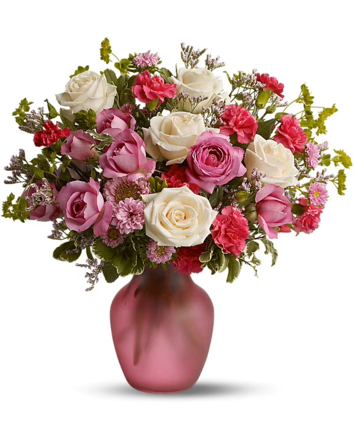Rose Medley Mother's Day Luxe collection - Does someone you know love roses? Then they’ll love this lush, fresh pink medley of blossoms mixed with a generous helping of fragrant roses.   Delivered in a glass sweetheart vase, it’s a pleasing bouquet that’s perfect for a birthday, anniversary or any day of the year.  Two dozen purple and white Roses are mixed with fresh flowers such as carnations and gerberas- in shades of white and pink – and delivered in a glass vase.   Picture is a Deluxe.  Standard size: one dozen roses.   Complimentary golden card with envelope included.