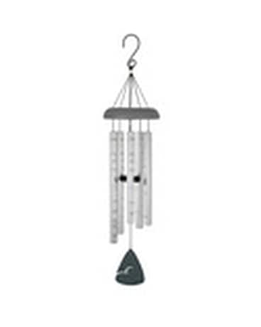 Silver wind chime with hanging tubes and a small bell