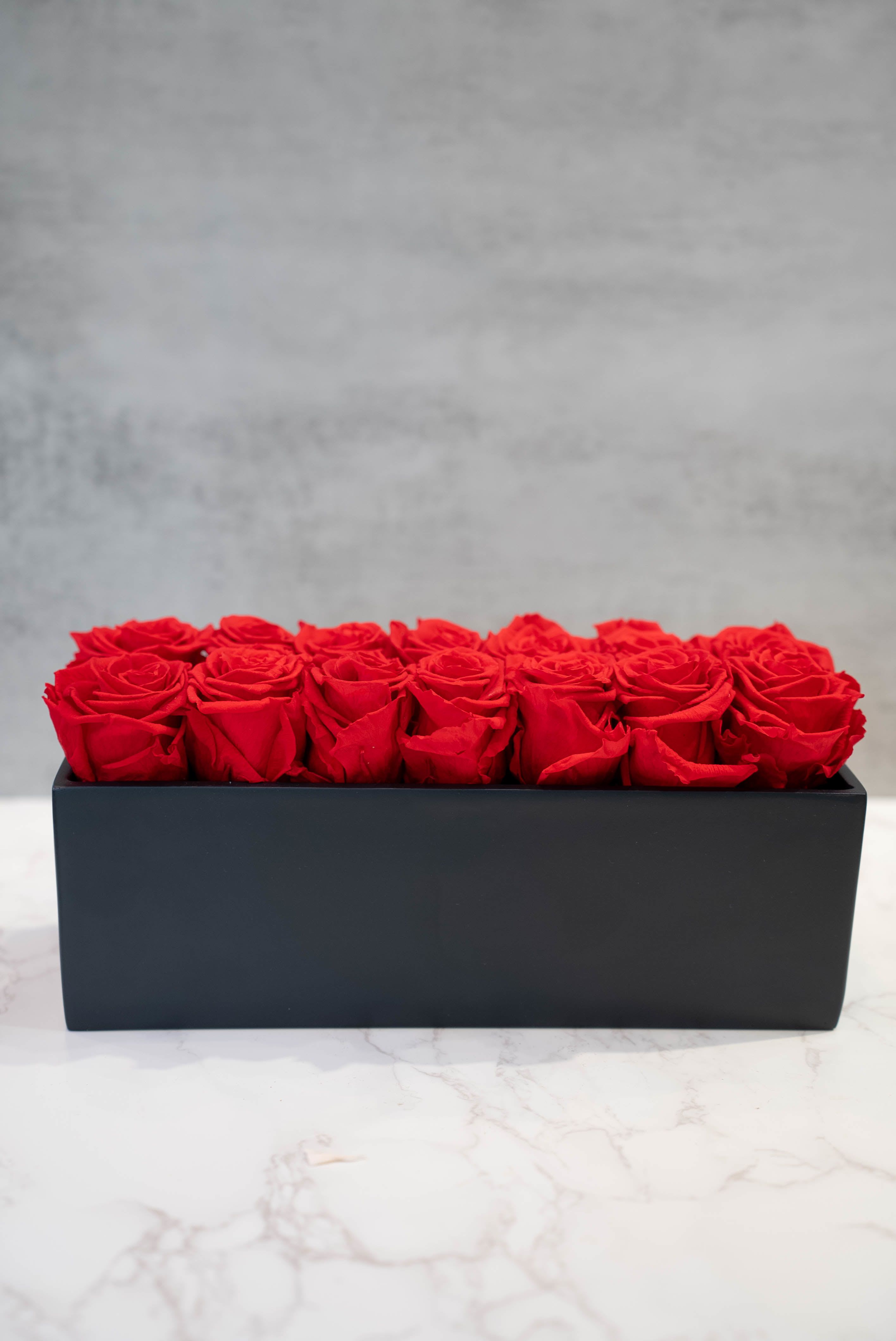 Red Preserved Roses in black ceramic rectangle  - High end preserved roses, custom designed by hand in our local shop