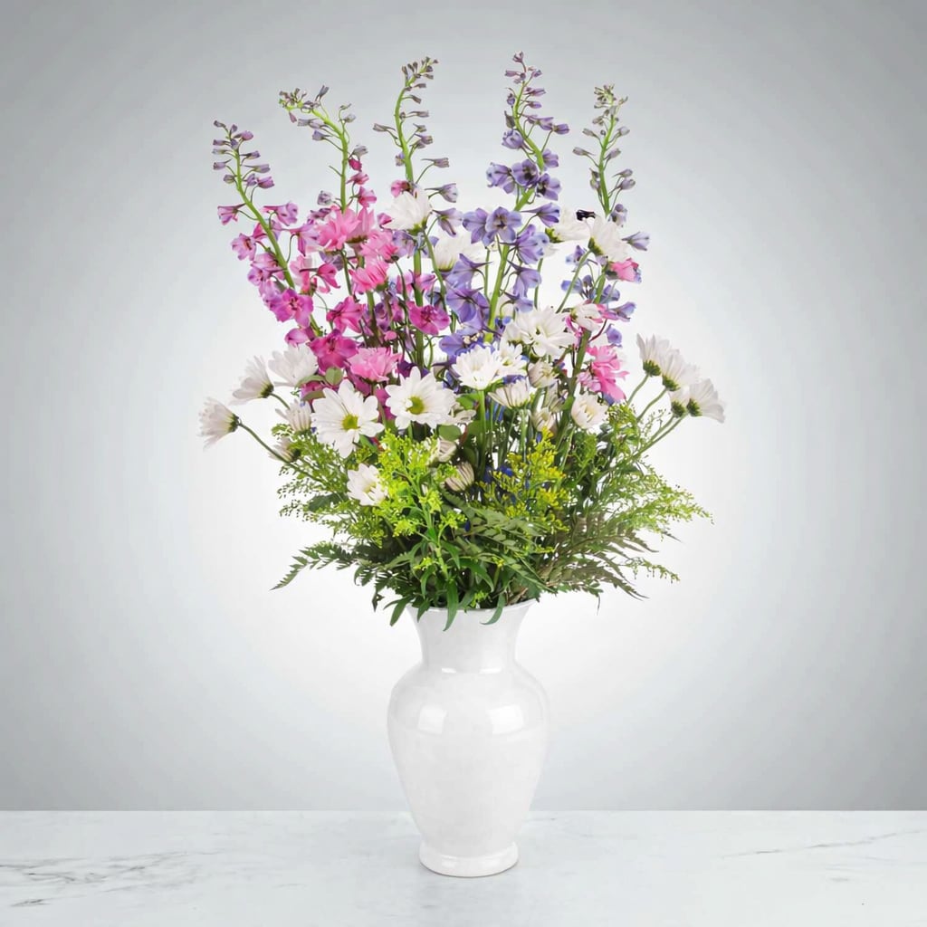 Ahoy There  - This tall arrangement is a breezy breath of summer air in a vase. Featuring larkspur and white daisy poms this arrangement is a sweet summer gesture. Send it for birthdays or as a just-because surprise.  Due to the current situation, supply is limited, therefore, color and variety substitutions may be necessary, please specify if you have a preferred color and we will do our best to accommodate your request. 