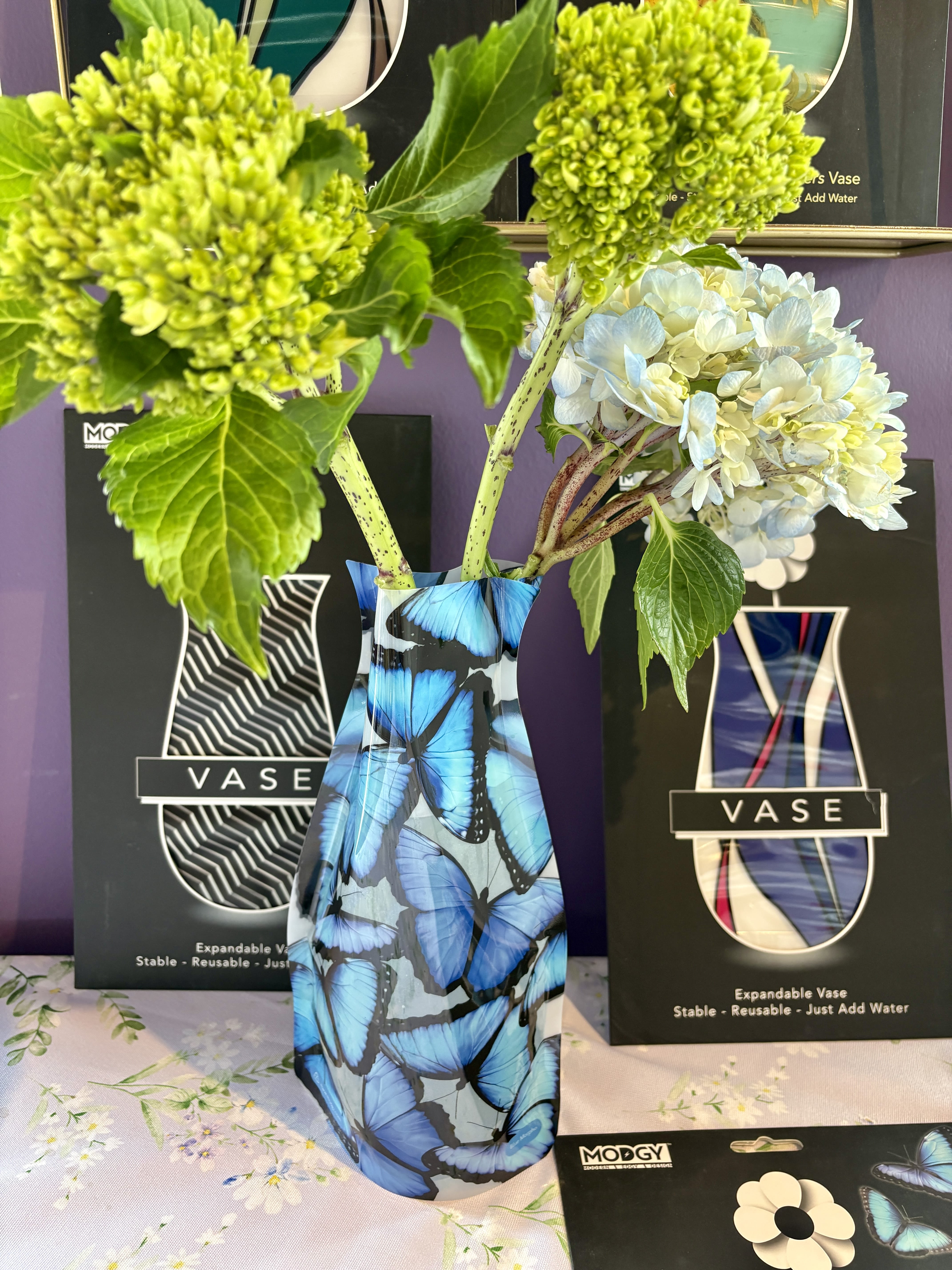 The Modgy Reusable Expandable Vase - Just add water to expand! These cute reusable travel vases expand with water and are perfect for travel, beachy set ups, campfire glam or outdoor set ups.  They are super stable &amp; make great gifts!   Get them unfilled or filled.  Dimensions are 10"x 6" with water. With flowers larger. The patterns we have stocked currently are: Butterflies Black/White Chevron Van Gogh Sunflowers ( limited) Geometrical Teal Geometrical Blue  