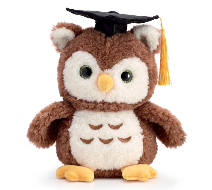 Graduation Owl Plush - Celebrate a grad with a whimsical keepsake: a plush owl graduation gift perfect for graduation or school milestone celebrations. This graduation-themed plush makes the recipient feel seen and celebrated-the kind of playful, congratulatory gift that says "well done" with personality and charm.  The soft, fuzzy owl features a brown-and-white body, oversized eyes, yellow feet, and a black graduation cap finished with a gold tassel. Standing 8 inches tall, he's sized to sit on a desk or shelf as a cheerful reminder of the achievement. The tactile plush and bright accent colors create a warm, lighthearted impression without needing flowers.  Ideal for recent grads, preschoolers moving up, or as a quirky accompaniment to a bouquet, this owl brings joyful energy to any celebration. No special care is required beyond gentle surface cleaning; add him to your order for a compact, long-lasting keepsake that keeps the moment alive.