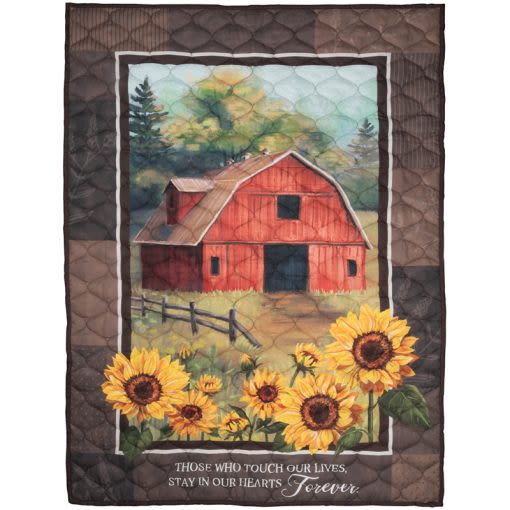 Tapestry Quilt Barn with Sunflowers - Our quilts are made of 100% polyester microfiber. Two loops are sewn in on the reverse side for hanging purposes. Machine wash separately in cold water on gentle cycle, tumble dry on low-heat. Each quilt comes individually packaged.  W: 37" H: 52"